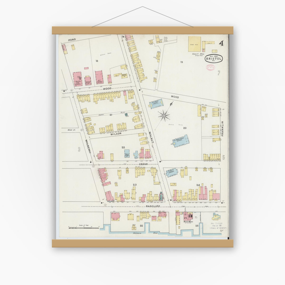 Old map wall art mockup — magnetic wood frame on white wall — Sanborn Fire Insurance Map from Bristol, Bucks County, Pennsylvania (1894), Sheet #0004
