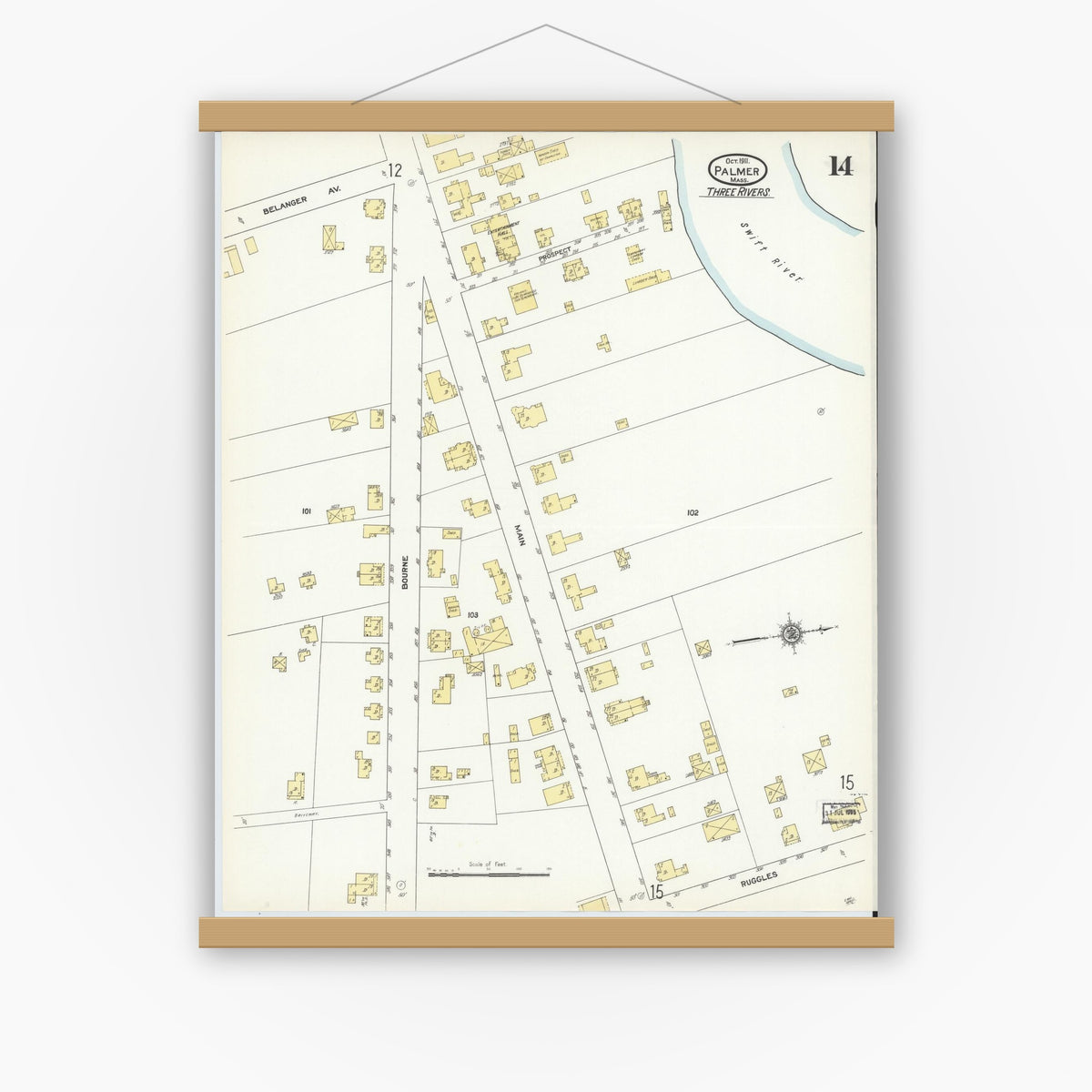 Old map wall art mockup — magnetic wood frame on white wall — Sanborn Fire Insurance Map from Palmer, Hampden County, Massachusetts (1911), Sheet #0014
