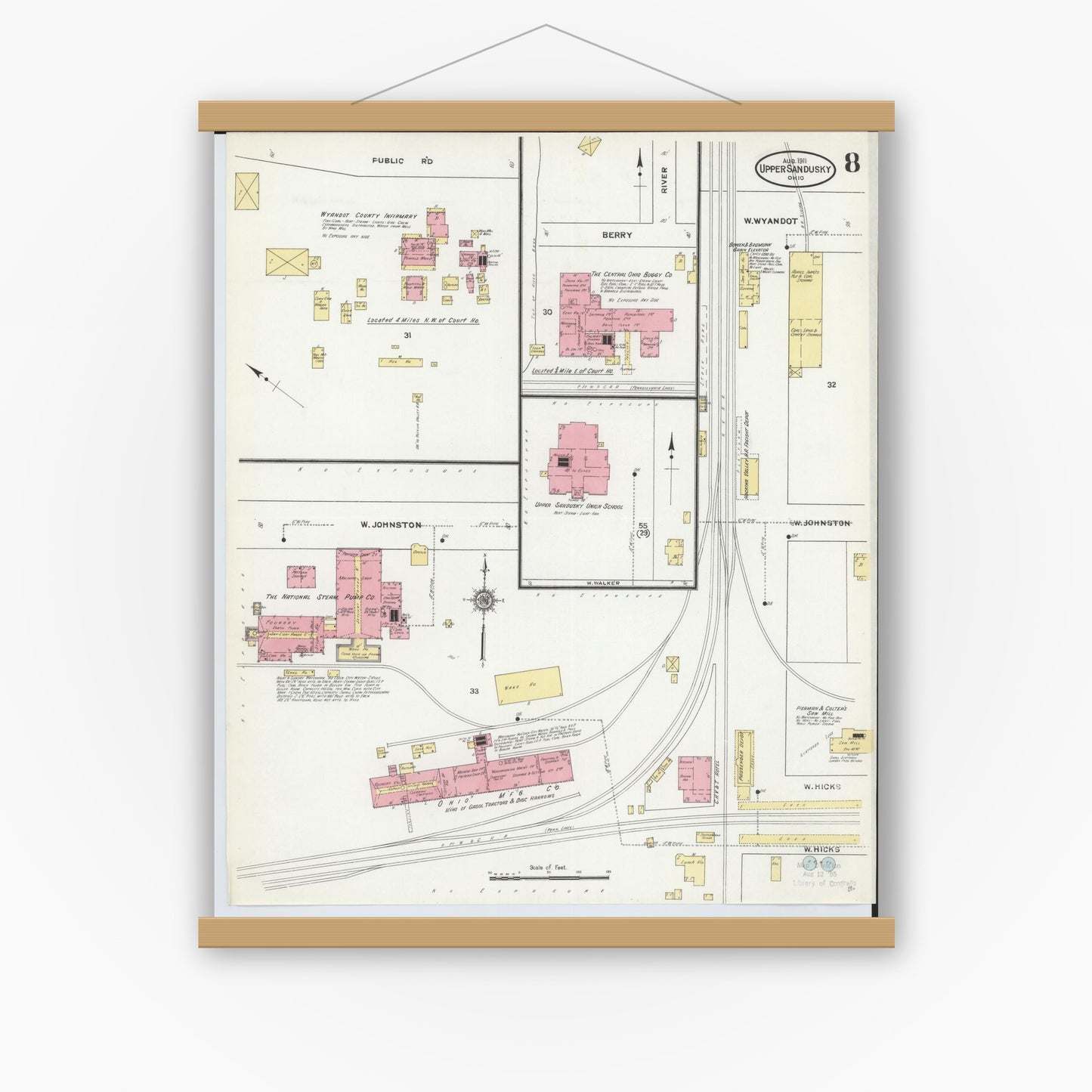 Old map wall art mockup — magnetic wood frame on white wall — Sanborn Fire Insurance Map from Upper Sandusky, Wyandot County, Ohio (1911), Sheet #0008