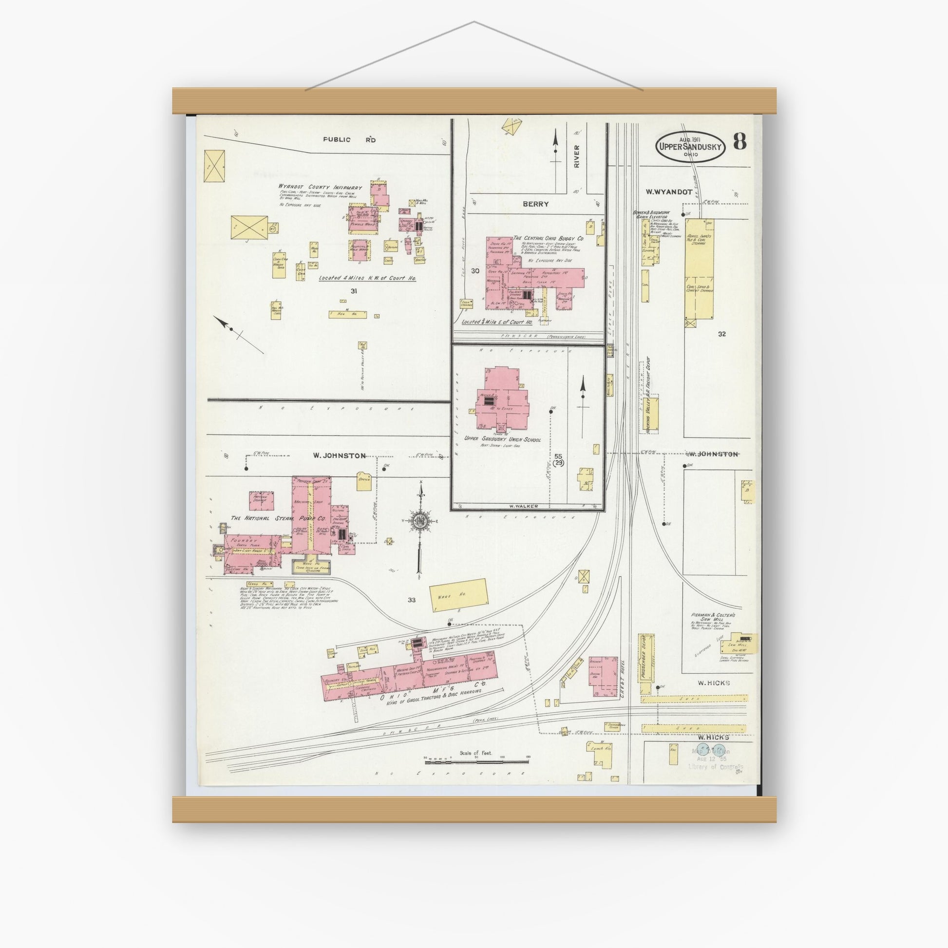 Old map wall art mockup — magnetic wood frame on white wall — Sanborn Fire Insurance Map from Upper Sandusky, Wyandot County, Ohio (1911), Sheet #0008
