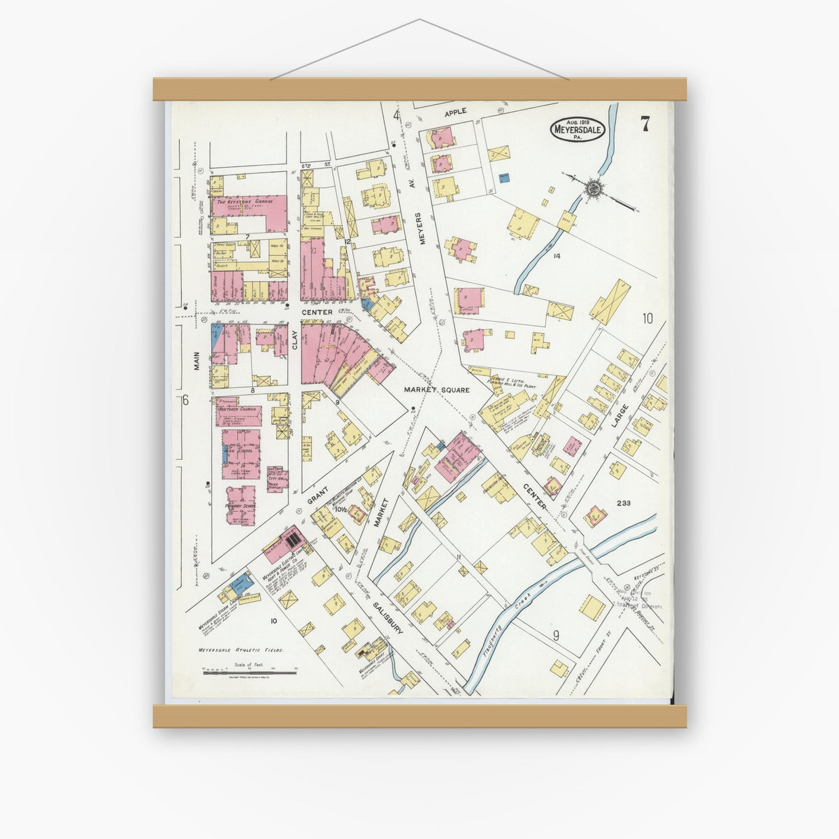 Old map wall art mockup — magnetic wood frame on white wall — Sanborn Fire Insurance Map from Meyersdale, Somerset County, Pennsylvania (1919), Sheet #0007