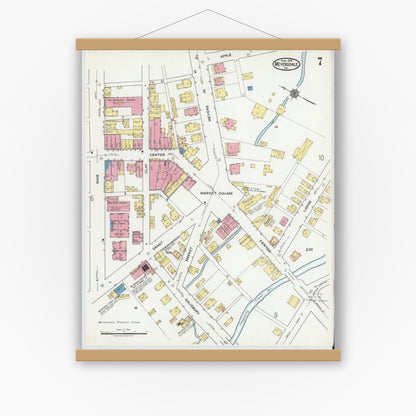 Old map wall art mockup — magnetic wood frame on white wall — Sanborn Fire Insurance Map from Meyersdale, Somerset County, Pennsylvania (1919), Sheet #0007