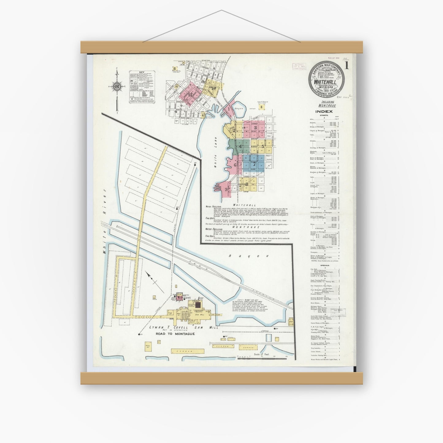 Old map wall art mockup — magnetic wood frame on white wall — Sanborn Fire Insurance Map from Whitehall, Muskegon County, Michigan (1910) - Complete Map Set