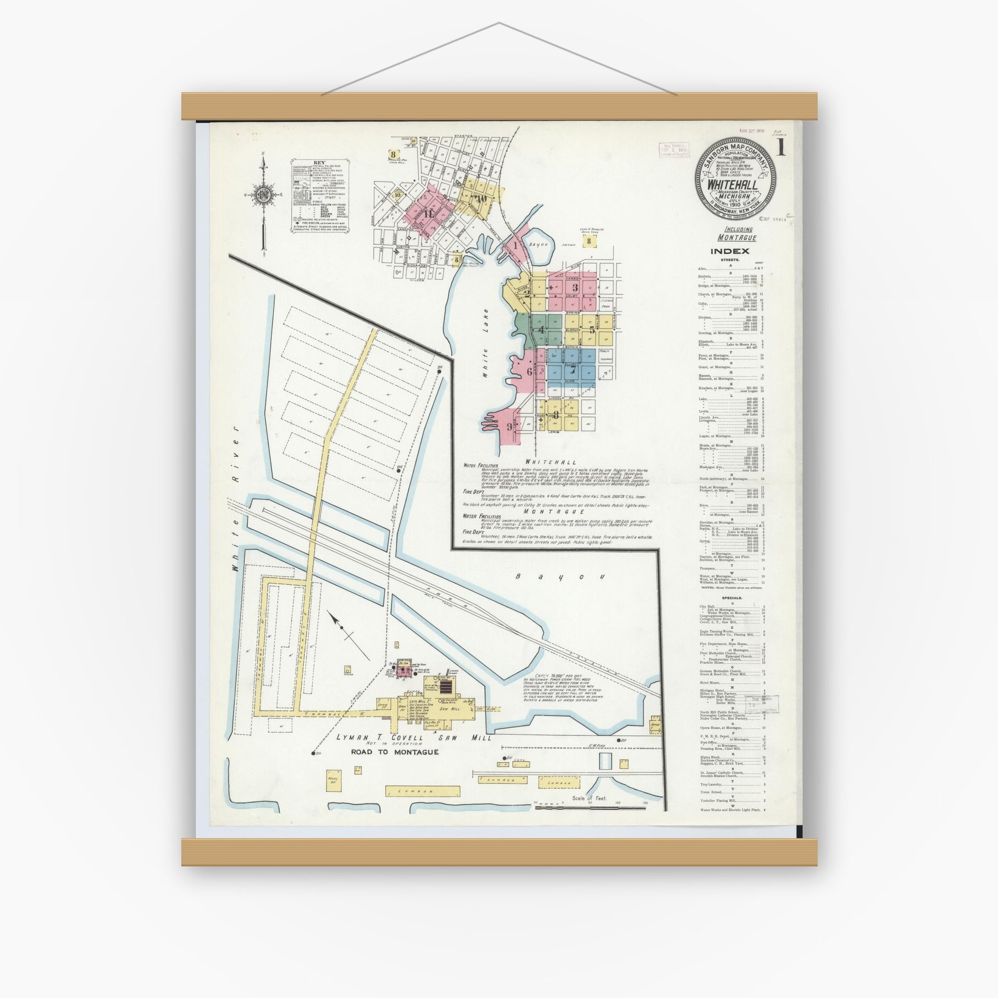 Old map wall art mockup — magnetic wood frame on white wall — Sanborn Fire Insurance Map from Whitehall, Muskegon County, Michigan (1910) - Complete Map Set