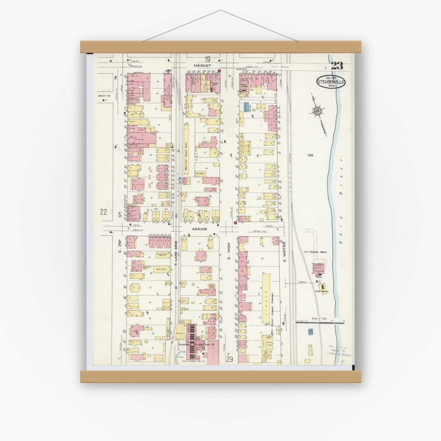 Old map wall art mockup — magnetic wood frame on white wall — Sanborn Fire Insurance Map from Steubenville, Jefferson County, Ohio (1913), Sheet #0023