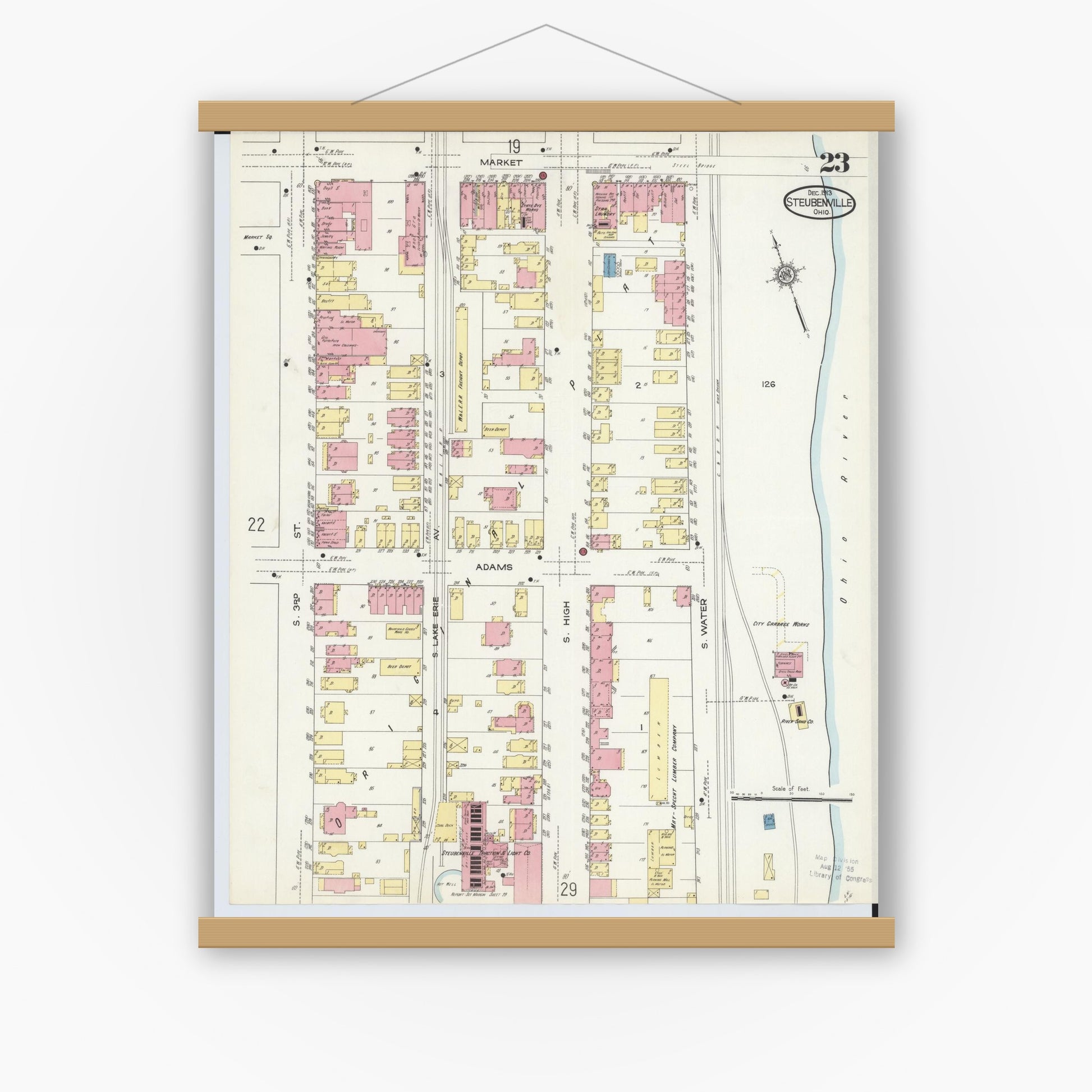 Old map wall art mockup — magnetic wood frame on white wall — Sanborn Fire Insurance Map from Steubenville, Jefferson County, Ohio (1913), Sheet #0023