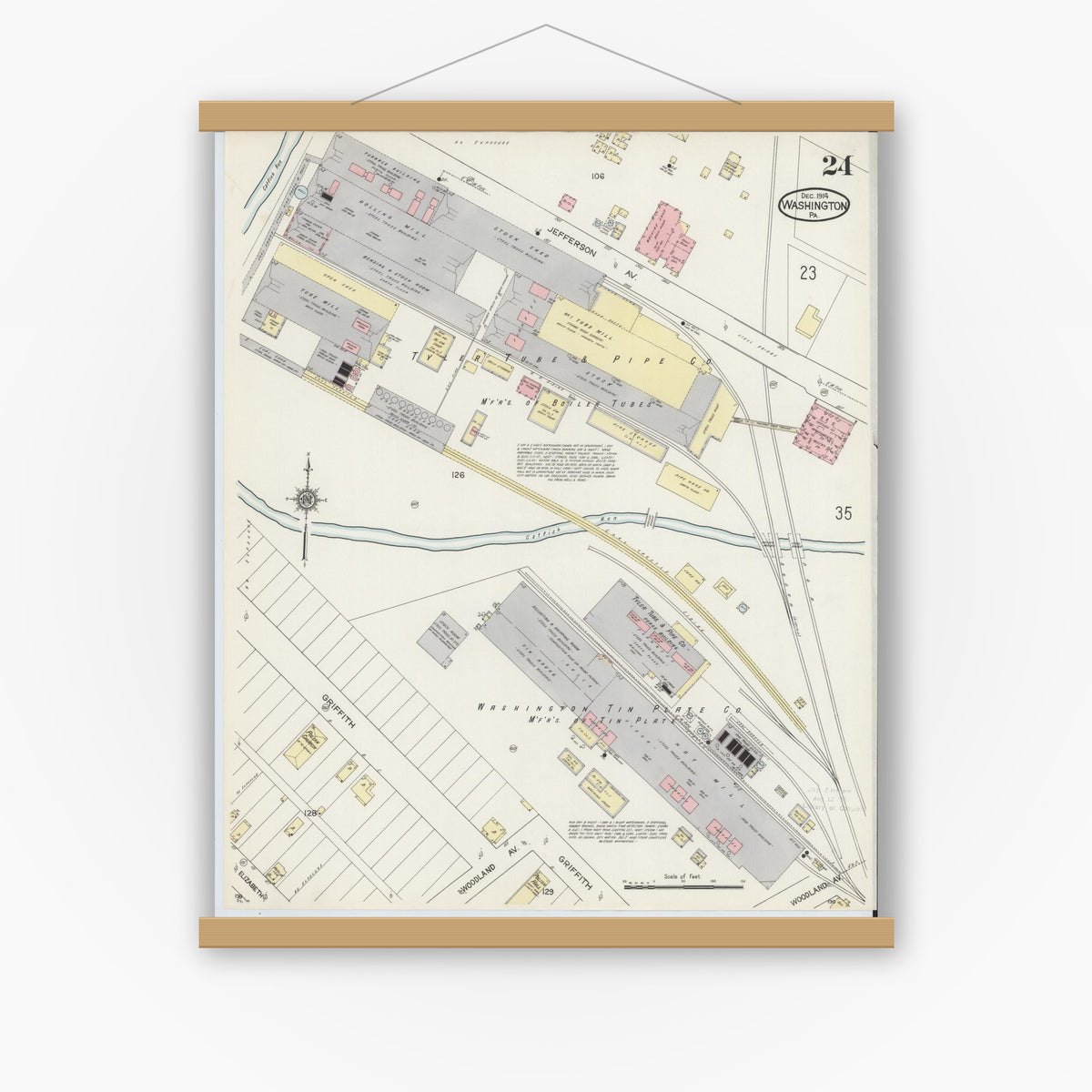 Old map wall art mockup — magnetic wood frame on white wall — Sanborn Fire Insurance Map from Washington, Washington County, Pennsylvania (1914), Sheet #0024