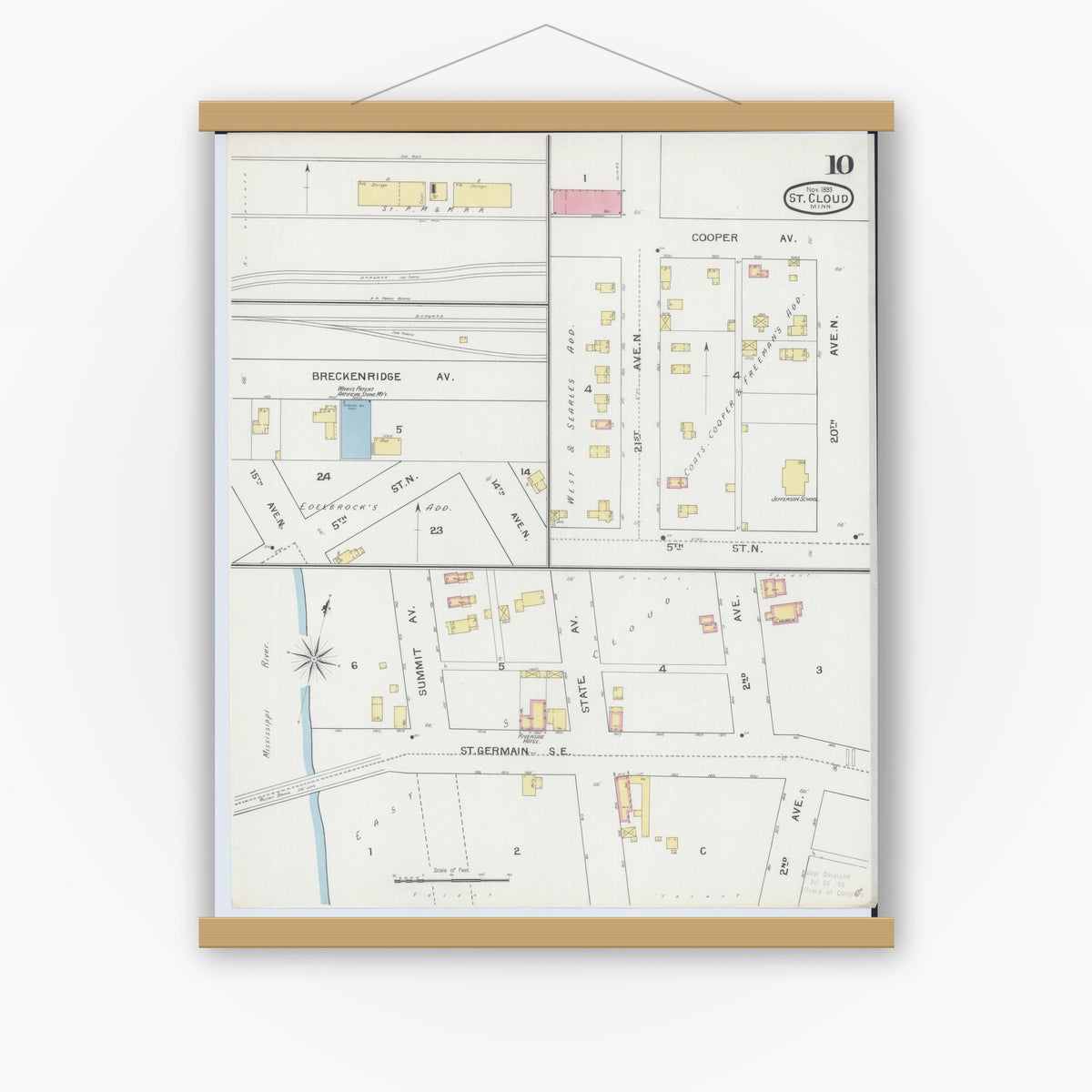 Old map wall art mockup — magnetic wood frame on white wall — Sanborn Fire Insurance Map from Saint Cloud, Stearns, Benton, and Sherburne Counties, Minnesota (1893), Sheet #0010