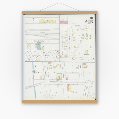Old map wall art mockup — magnetic wood frame on white wall — Sanborn Fire Insurance Map from Saint Cloud, Stearns, Benton, and Sherburne Counties, Minnesota (1893), Sheet #0010