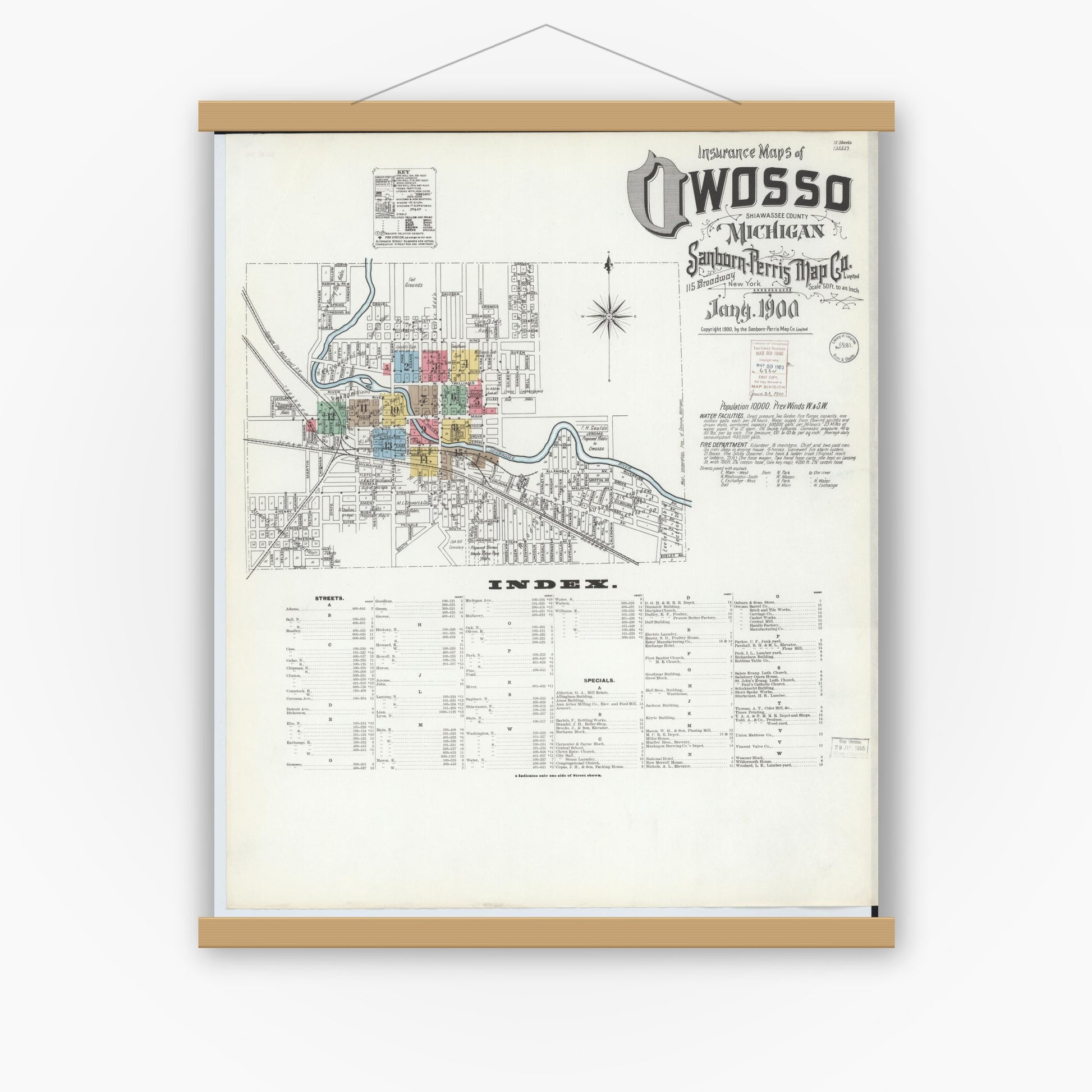 Old map wall art mockup — magnetic wood frame on white wall — Sanborn Fire Insurance Map from Owosso, Shiawassee County, Michigan (1900) - Complete Map Set