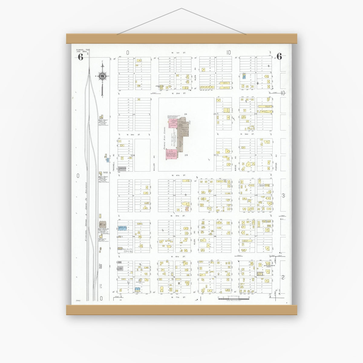 Old map wall art mockup — magnetic wood frame on white wall — Sanborn Fire Insurance Map from Dumas, Moore County, Texas (1950), Sheet #0006