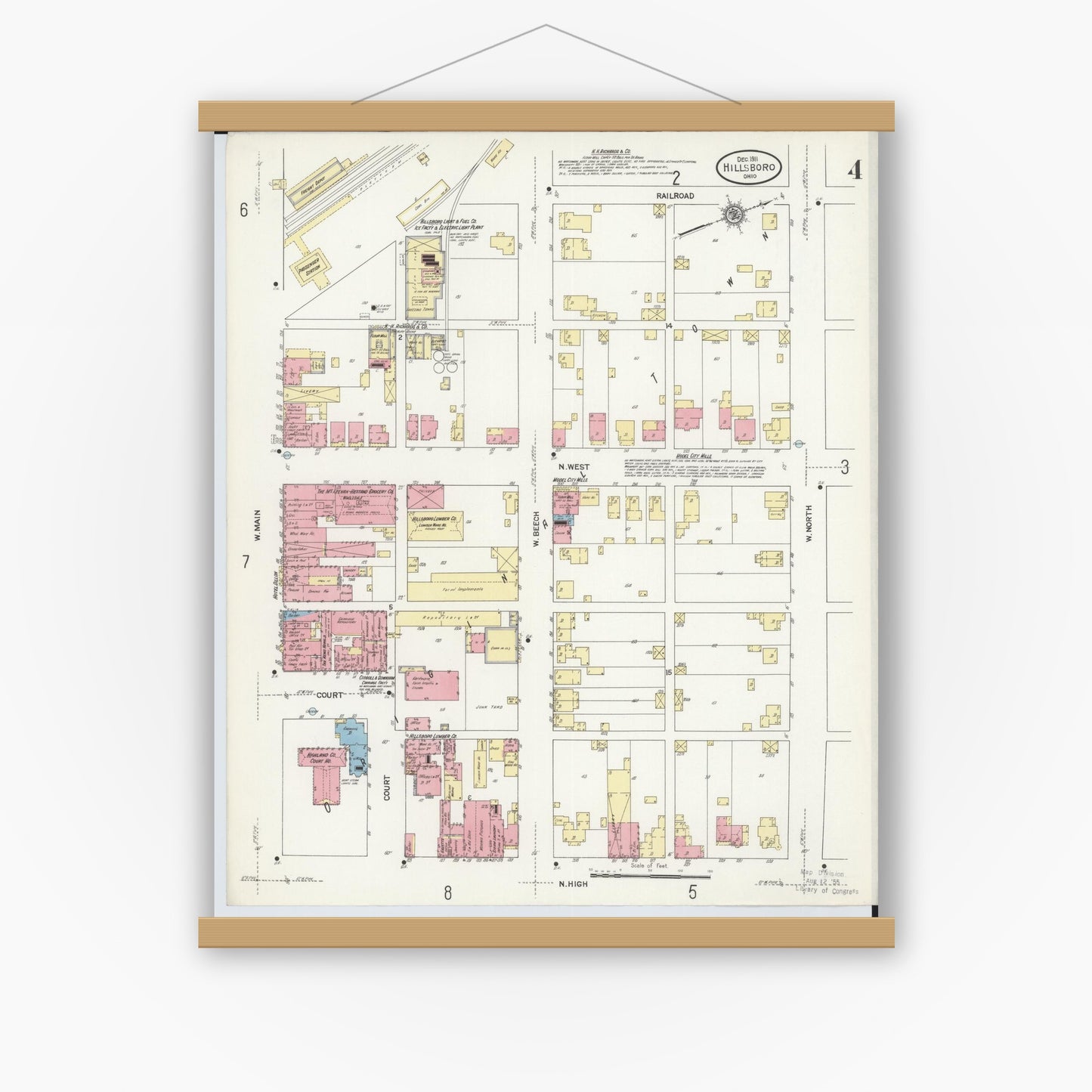 Old map wall art mockup — magnetic wood frame on white wall — Sanborn Fire Insurance Map from Hillsboro, Highland County, Ohio (1911), Sheet #0004