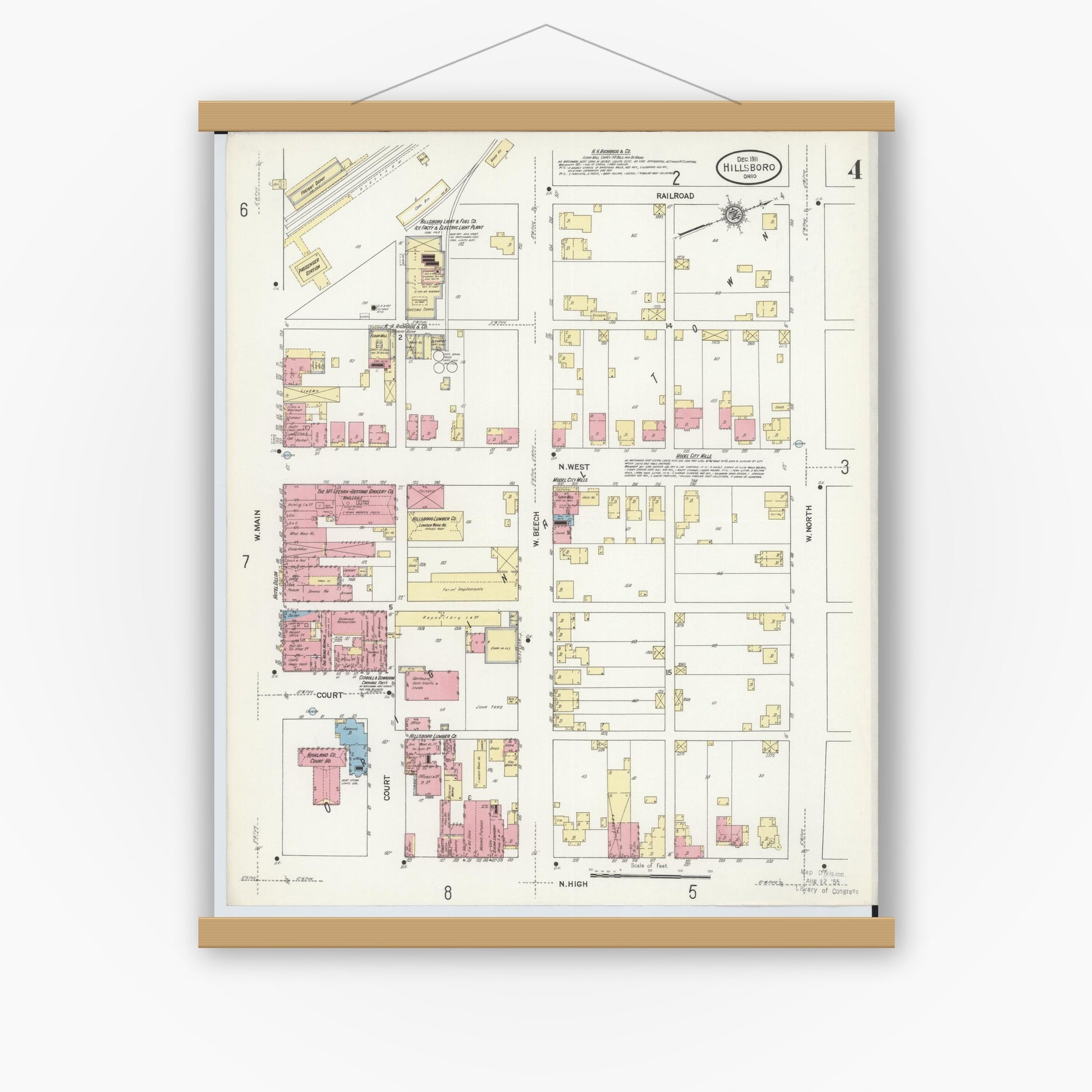 Old map wall art mockup — magnetic wood frame on white wall — Sanborn Fire Insurance Map from Hillsboro, Highland County, Ohio (1911), Sheet #0004