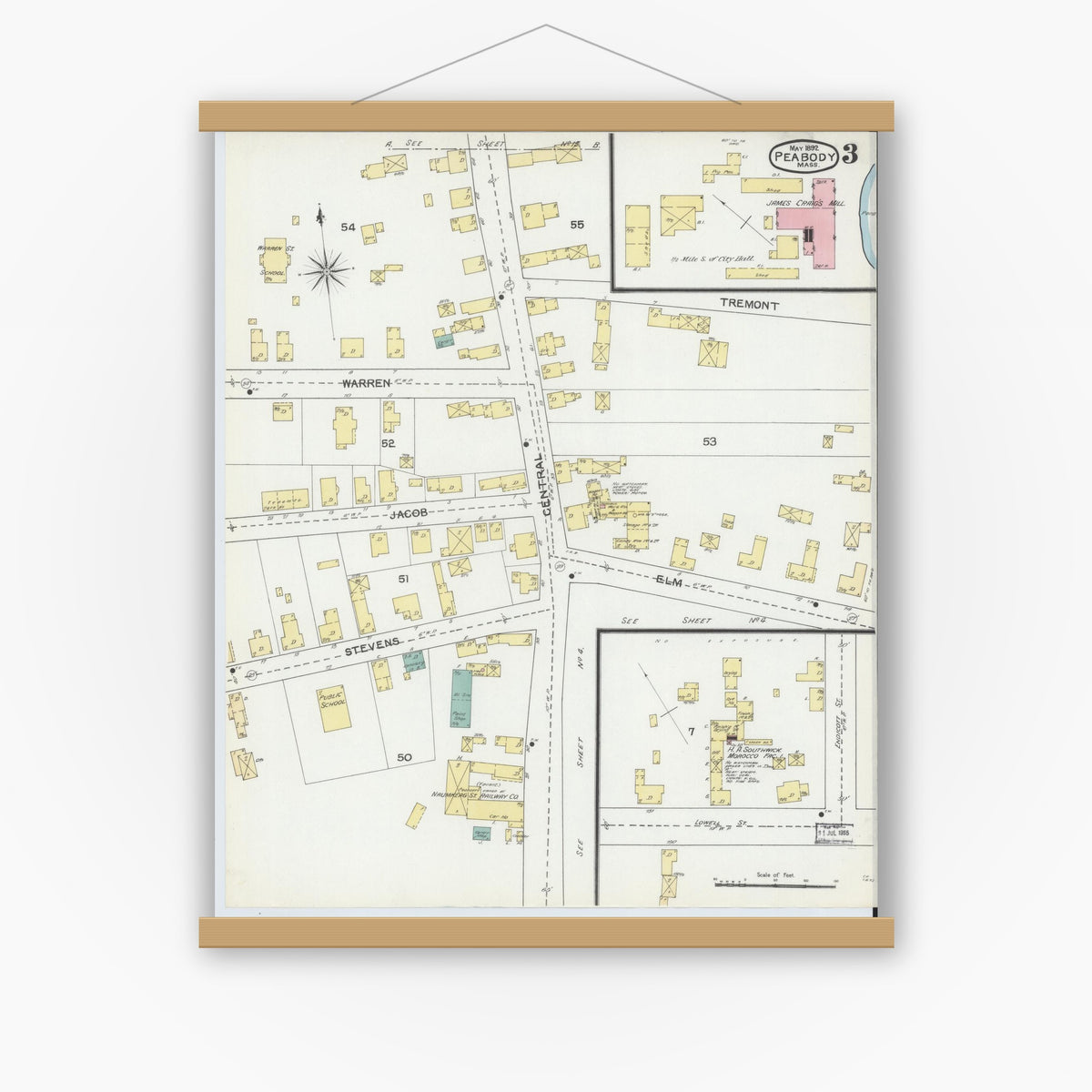 Old map wall art mockup — magnetic wood frame on white wall — Sanborn Fire Insurance Map from Peabody, Essex County, Massachusetts (1892), Sheet #0003