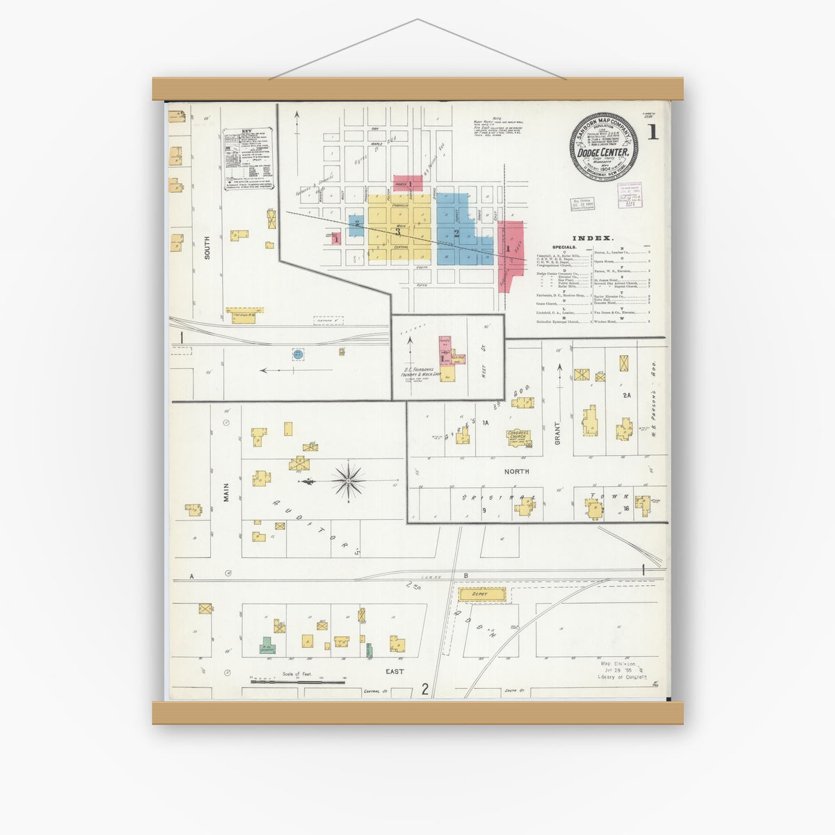 Old map wall art mockup — magnetic wood frame on white wall — Sanborn Fire Insurance Map from Dodge Center, Dodge County, Minnesota (1904), Sheet #0001