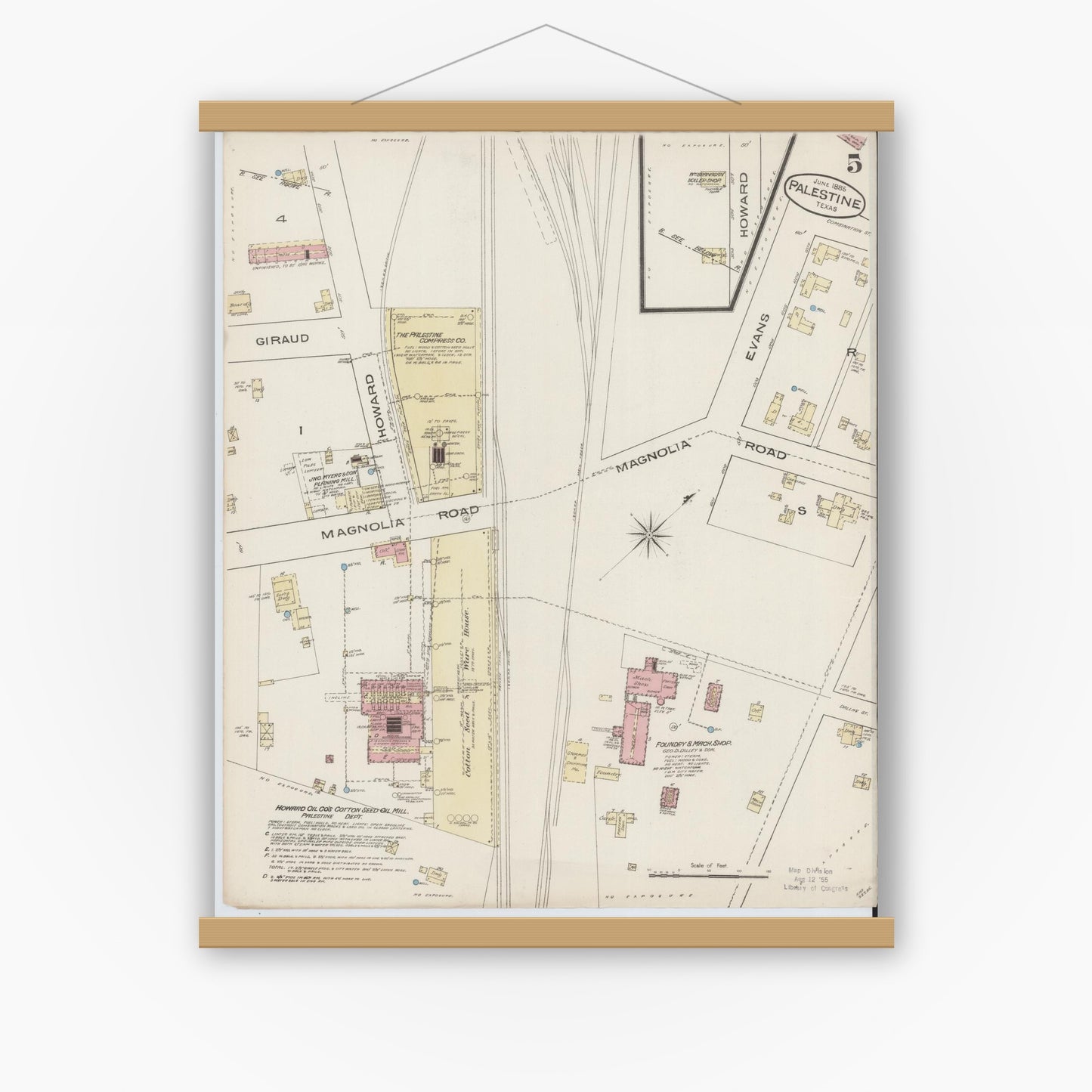 Old map wall art mockup — magnetic wood frame on white wall — Sanborn Fire Insurance Map from Palestine, Anderson County, Texas (1885), Sheet #0005