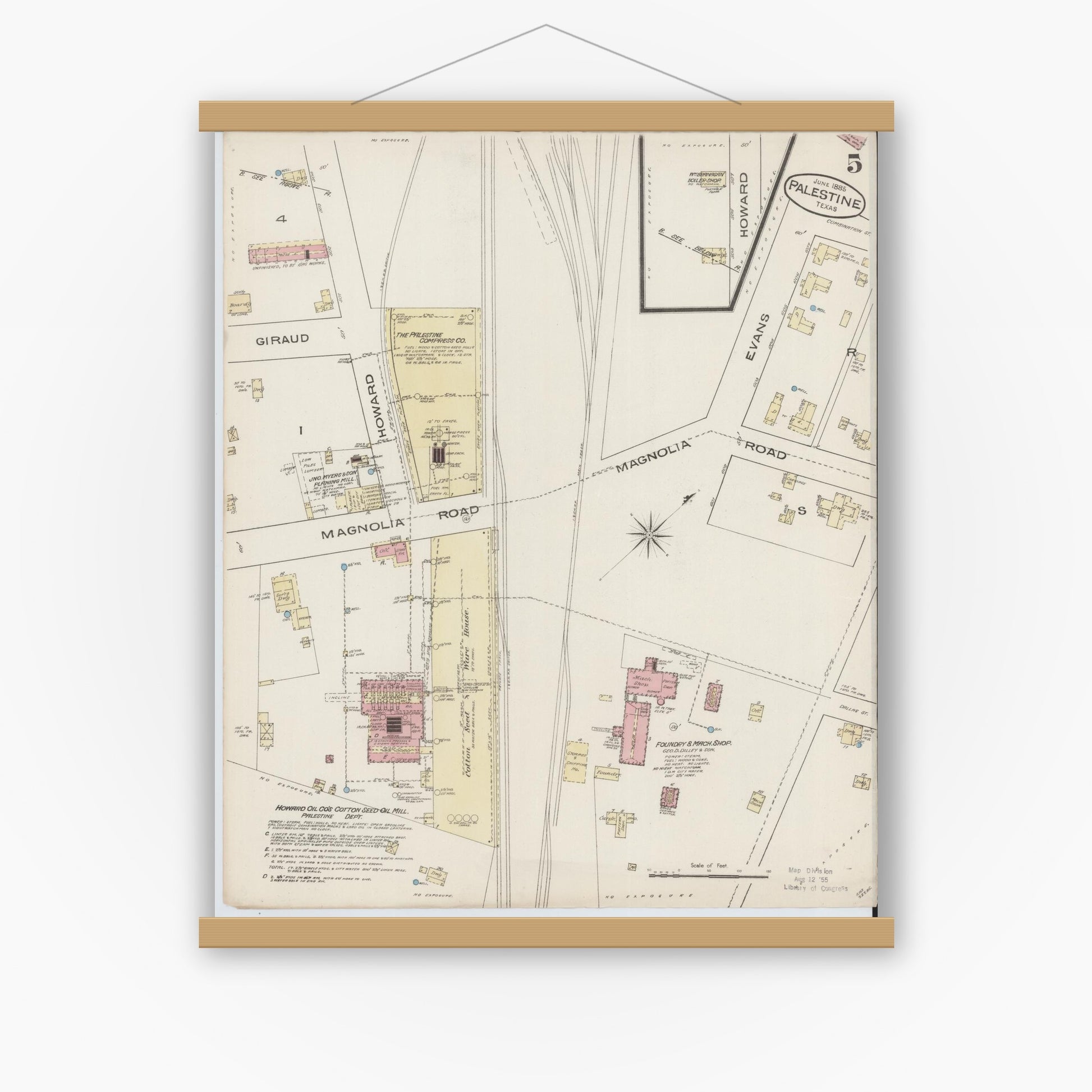 Old map wall art mockup — magnetic wood frame on white wall — Sanborn Fire Insurance Map from Palestine, Anderson County, Texas (1885), Sheet #0005