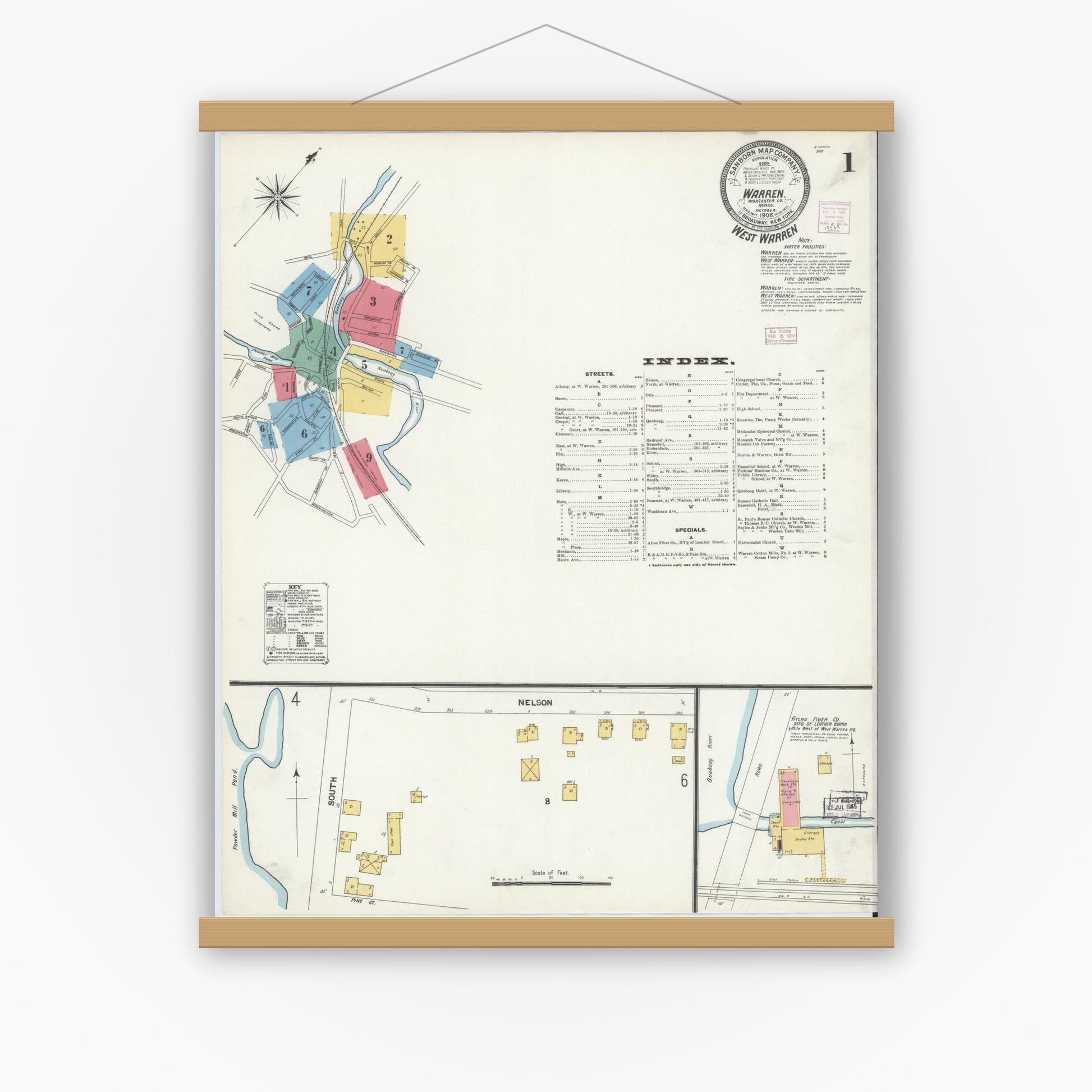 Old map wall art mockup — magnetic wood frame on white wall — Sanborn Fire Insurance Map from Warren, Worcester County, Massachusetts (1906), Sheet #0001
