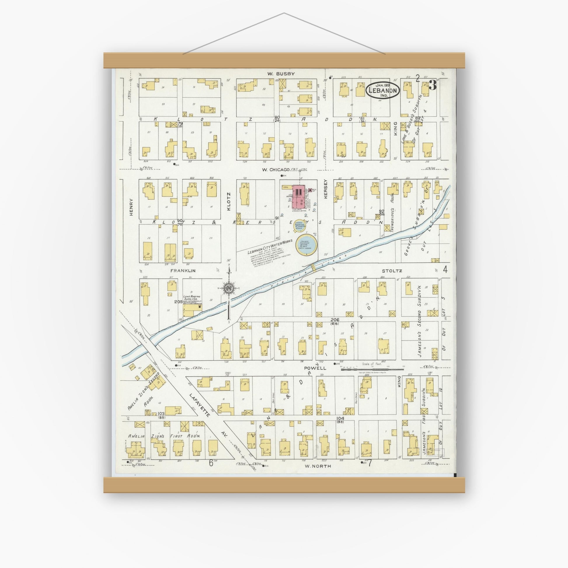 Old map wall art mockup — magnetic wood frame on white wall — Sanborn Fire Insurance Map from Lebanon, Boone County, Indiana (1919), Sheet #0003
