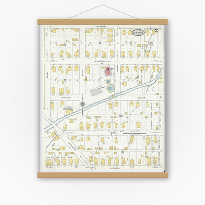 Old map wall art mockup — magnetic wood frame on white wall — Sanborn Fire Insurance Map from Lebanon, Boone County, Indiana (1919), Sheet #0003