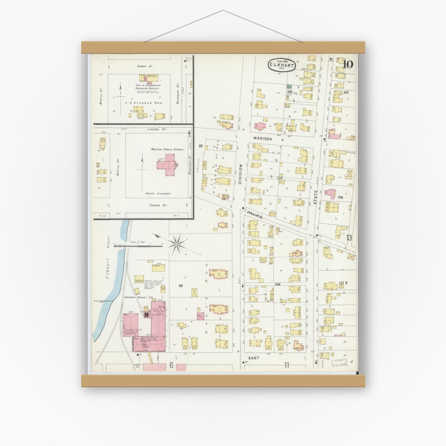 Old map wall art mockup — magnetic wood frame on white wall — Sanborn Fire Insurance Map from Elkhart, Elkhart County, Indiana (1896), Sheet #0010