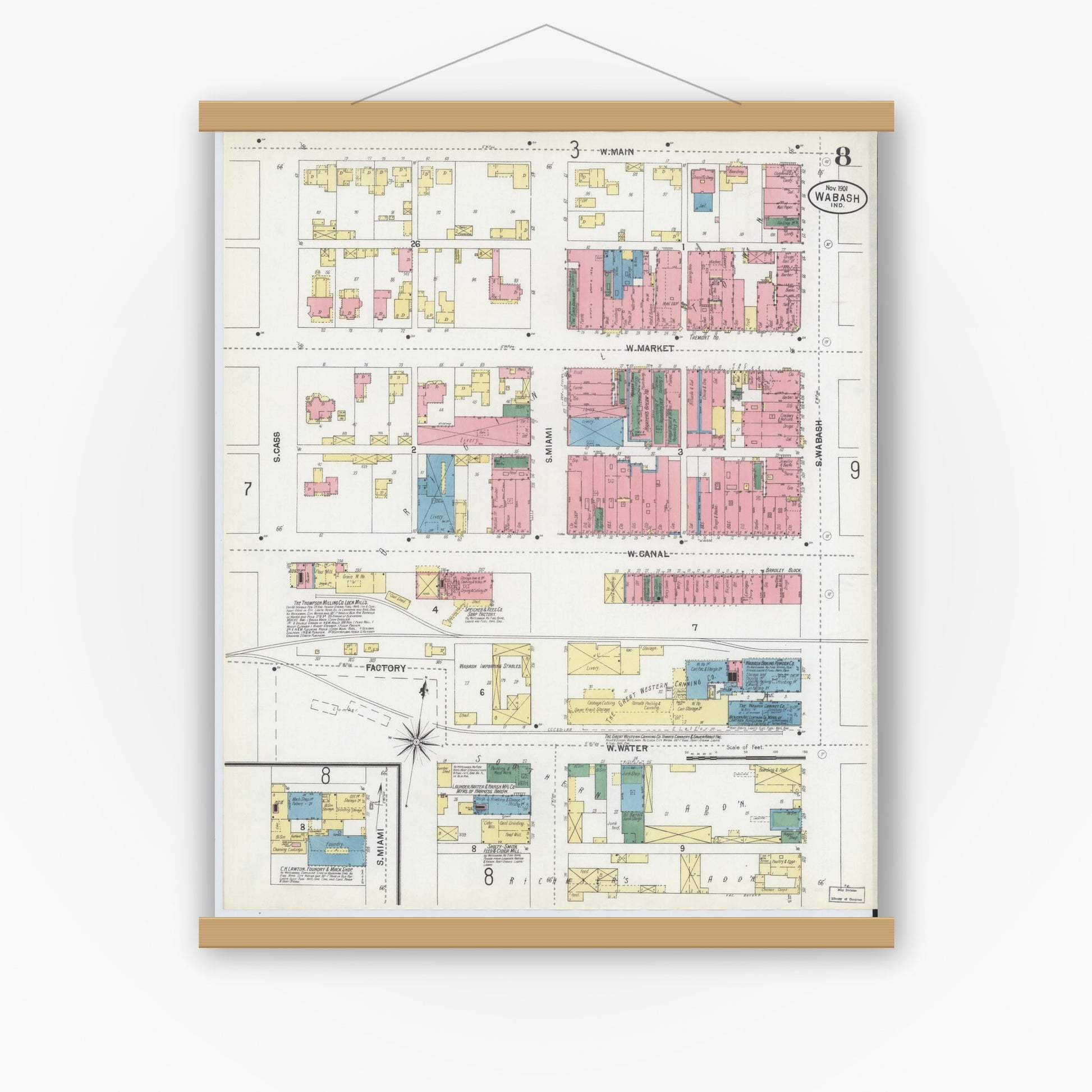Old map wall art mockup — magnetic wood frame on white wall — Sanborn Fire Insurance Map from Wabash, Wabash County, Indiana (1901), Sheet #0008