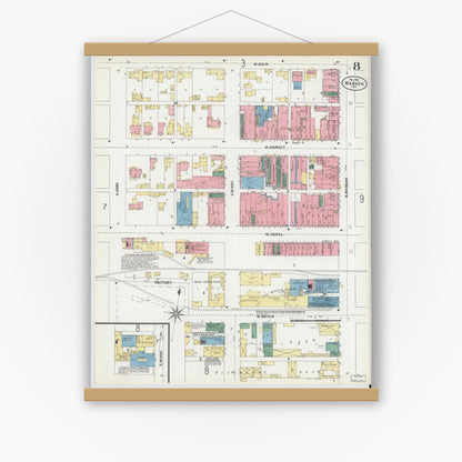 Old map wall art mockup — magnetic wood frame on white wall — Sanborn Fire Insurance Map from Wabash, Wabash County, Indiana (1901), Sheet #0008