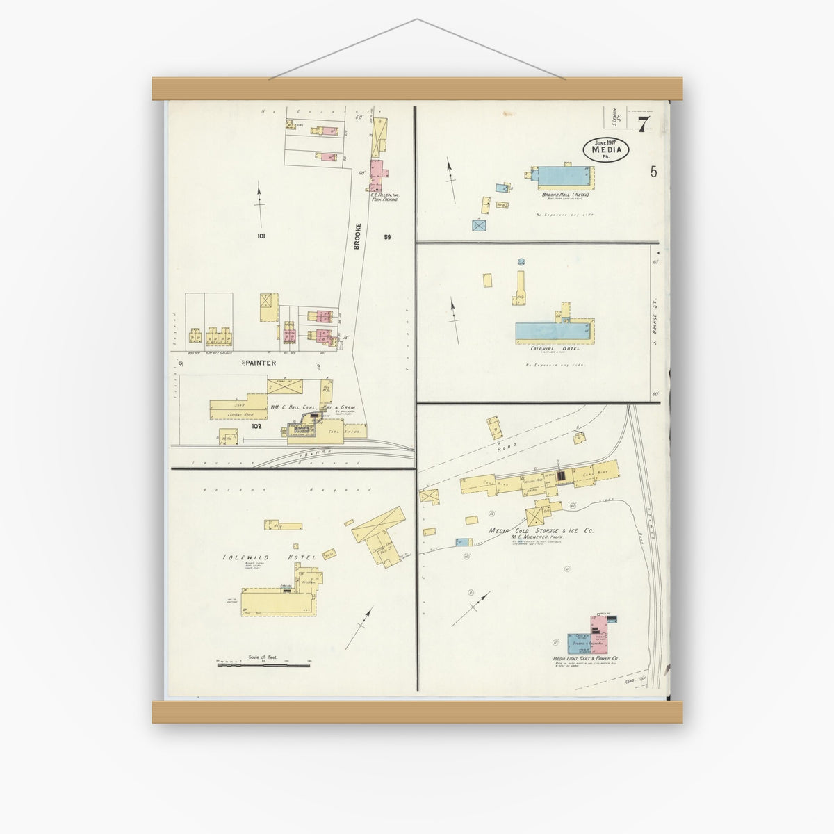 Old map wall art mockup — magnetic wood frame on white wall — Sanborn Fire Insurance Map from Media, Delaware County, Pennsylvania (1907), Sheet #0007