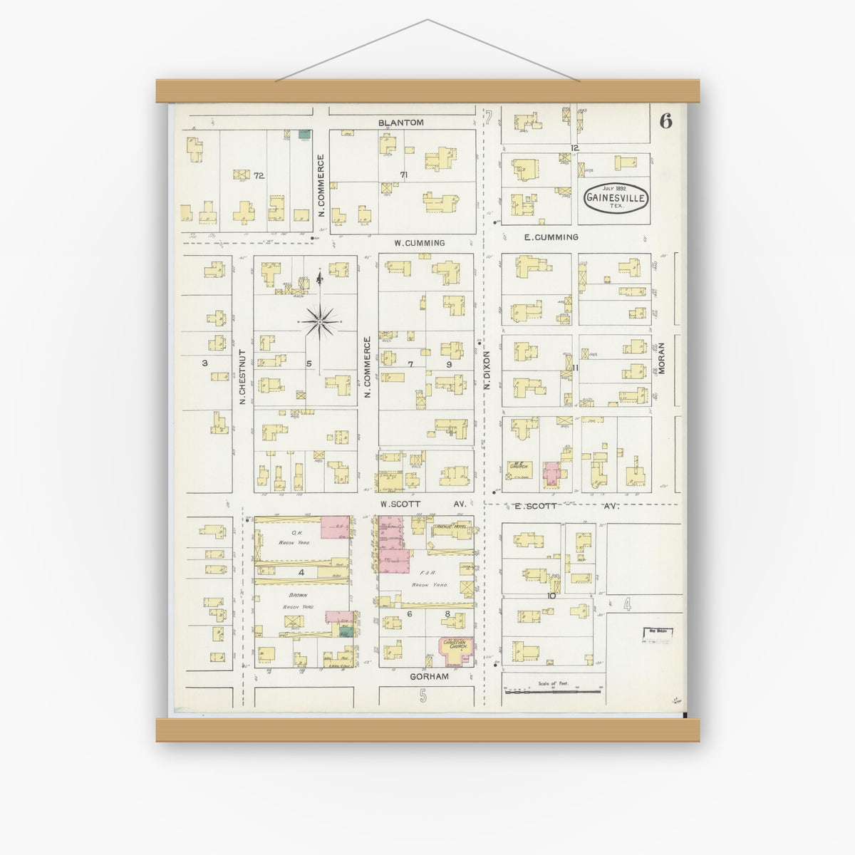 Old map wall art mockup — magnetic wood frame on white wall — Sanborn Fire Insurance Map from Gainesville, Cooke County, Texas (1892), Sheet #0006