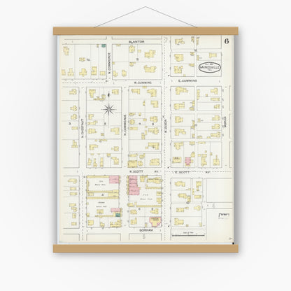 Old map wall art mockup — magnetic wood frame on white wall — Sanborn Fire Insurance Map from Gainesville, Cooke County, Texas (1892), Sheet #0006