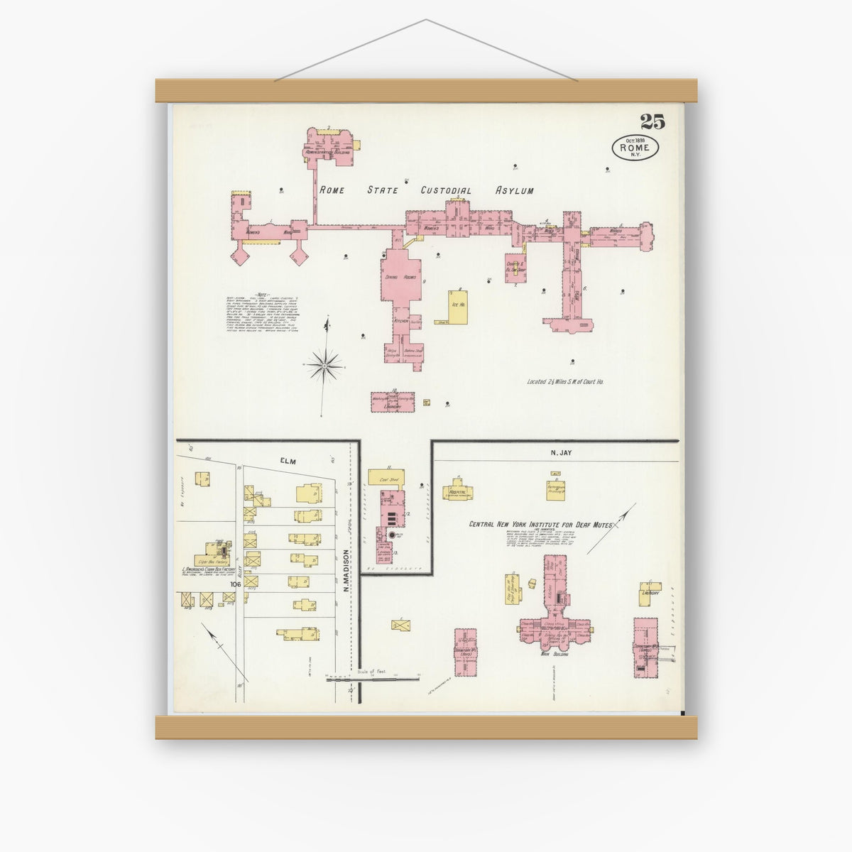 Old map wall art mockup — magnetic wood frame on white wall — Sanborn Fire Insurance Map from Rome, Oneida County, New York (1899), Sheet #0025