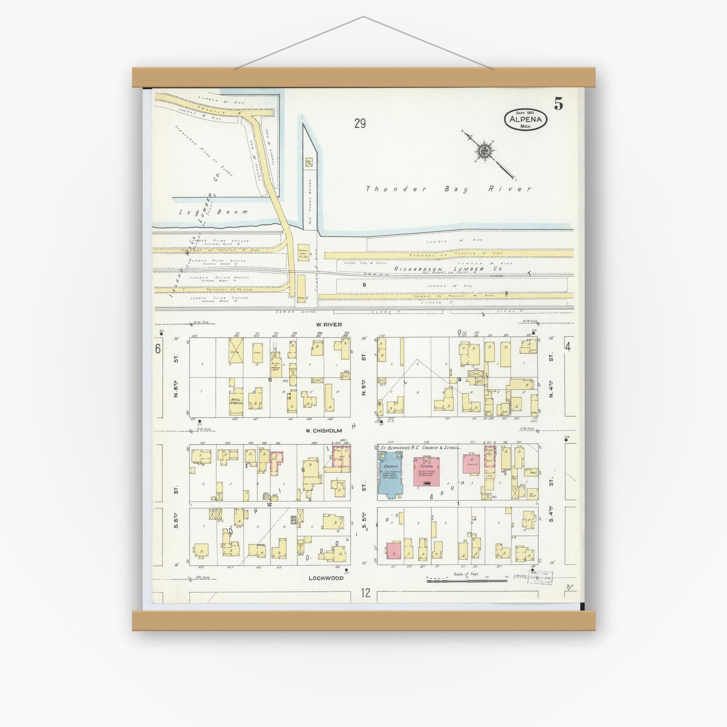 Old map wall art mockup — magnetic wood frame on white wall — Sanborn Fire Insurance Map from Alpena, Alpena County, Michigan (1910), Sheet #0005