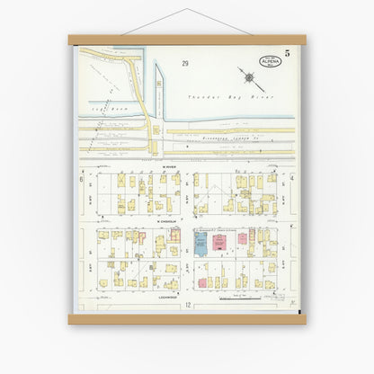 Old map wall art mockup — magnetic wood frame on white wall — Sanborn Fire Insurance Map from Alpena, Alpena County, Michigan (1910), Sheet #0005