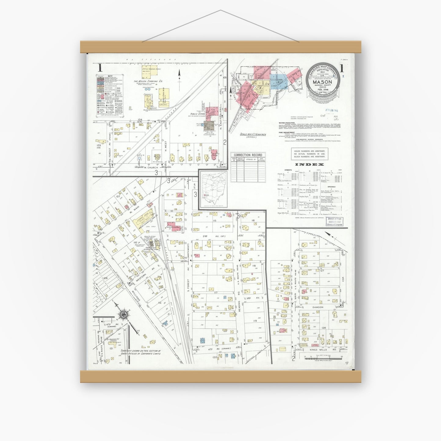 Old map wall art mockup — magnetic wood frame on white wall — Sanborn Fire Insurance Map from Mason, Warren County, Ohio (1946) - Complete Map Set