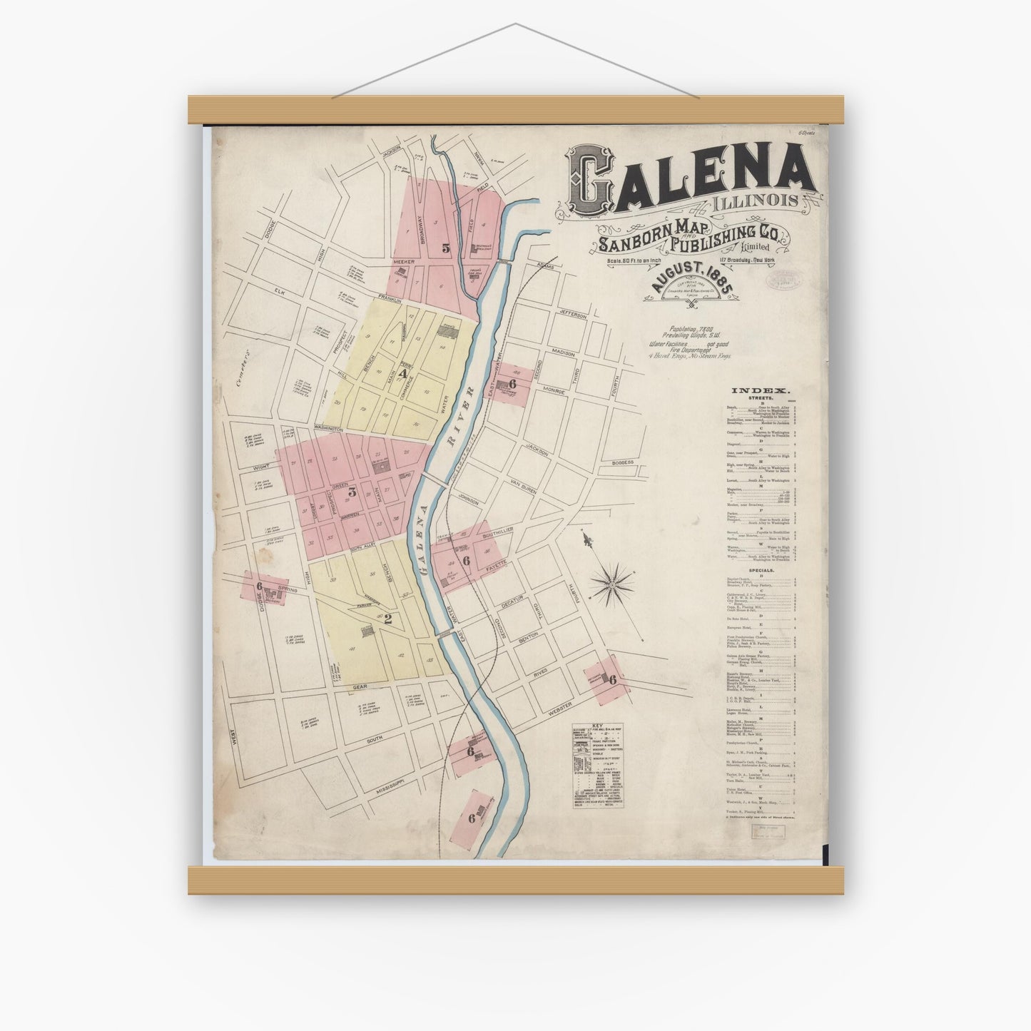 Old map wall art mockup — magnetic wood frame on white wall — Sanborn Fire Insurance Map from Galena, Jo Daviess County, Illinois (1885), Sheet #0001