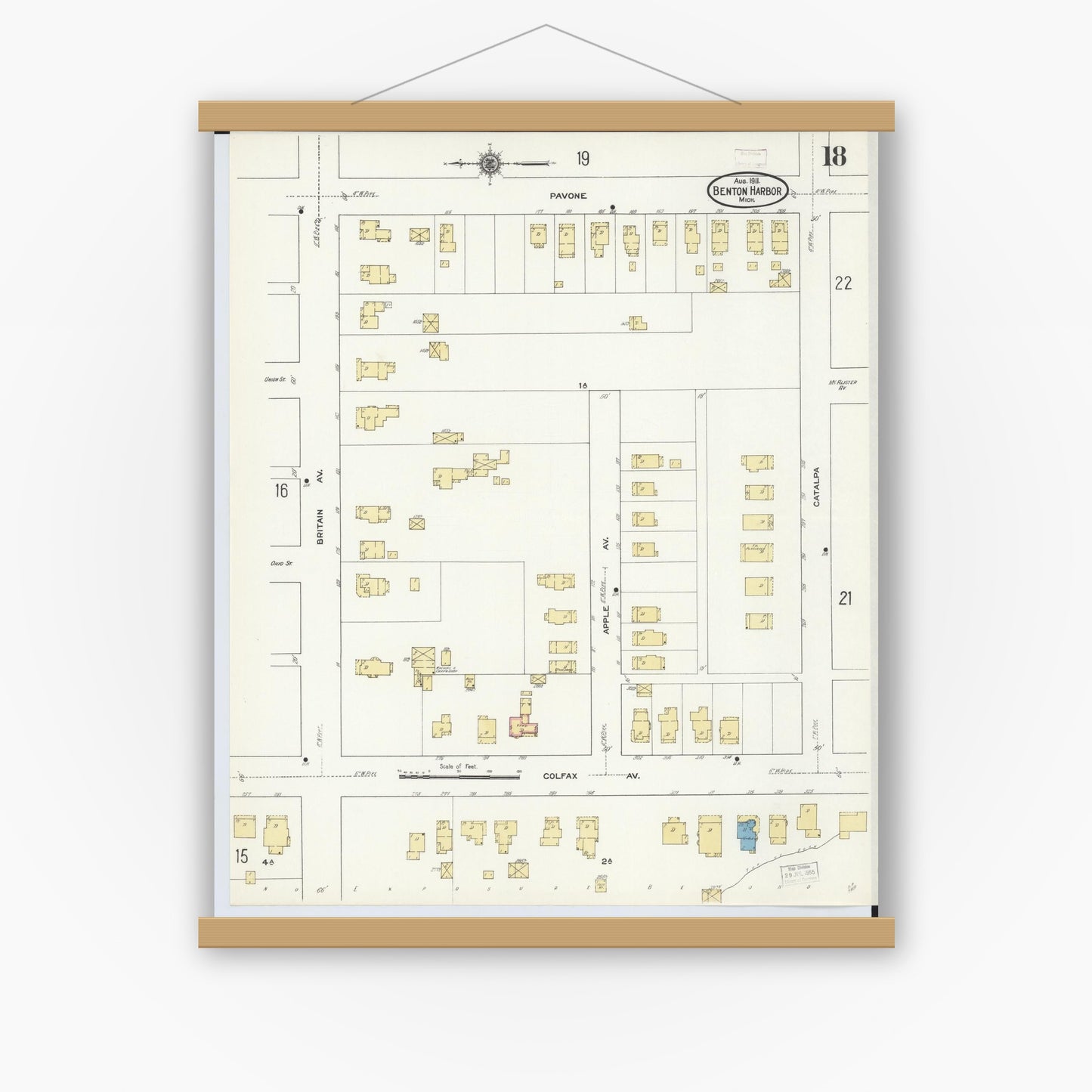 Old map wall art mockup — magnetic wood frame on white wall — Sanborn Fire Insurance Map from Benton Harbor, Berrien County, Michigan (1911), Sheet #0018
