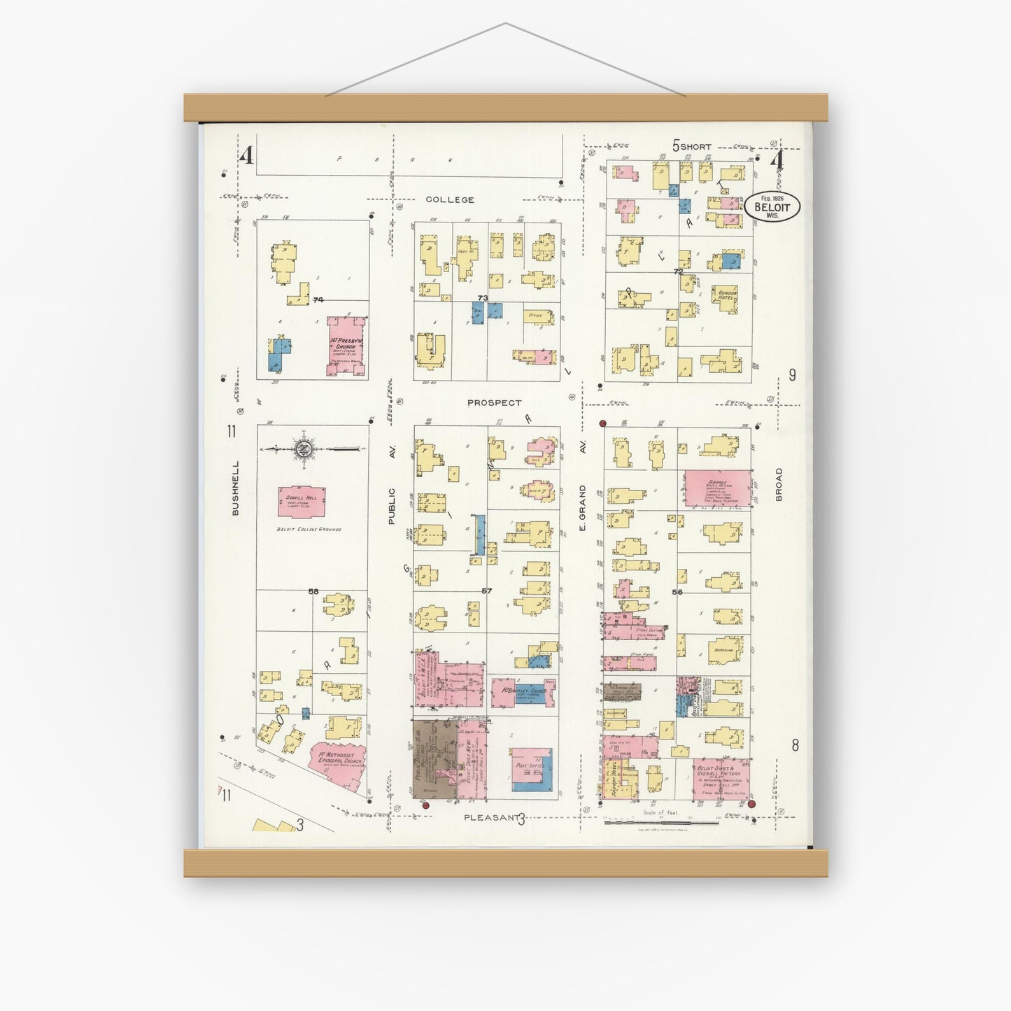 Old map wall art mockup — magnetic wood frame on white wall — Sanborn Fire Insurance Map from Beloit, Rock County, Wisconsin (1926), Sheet #0004