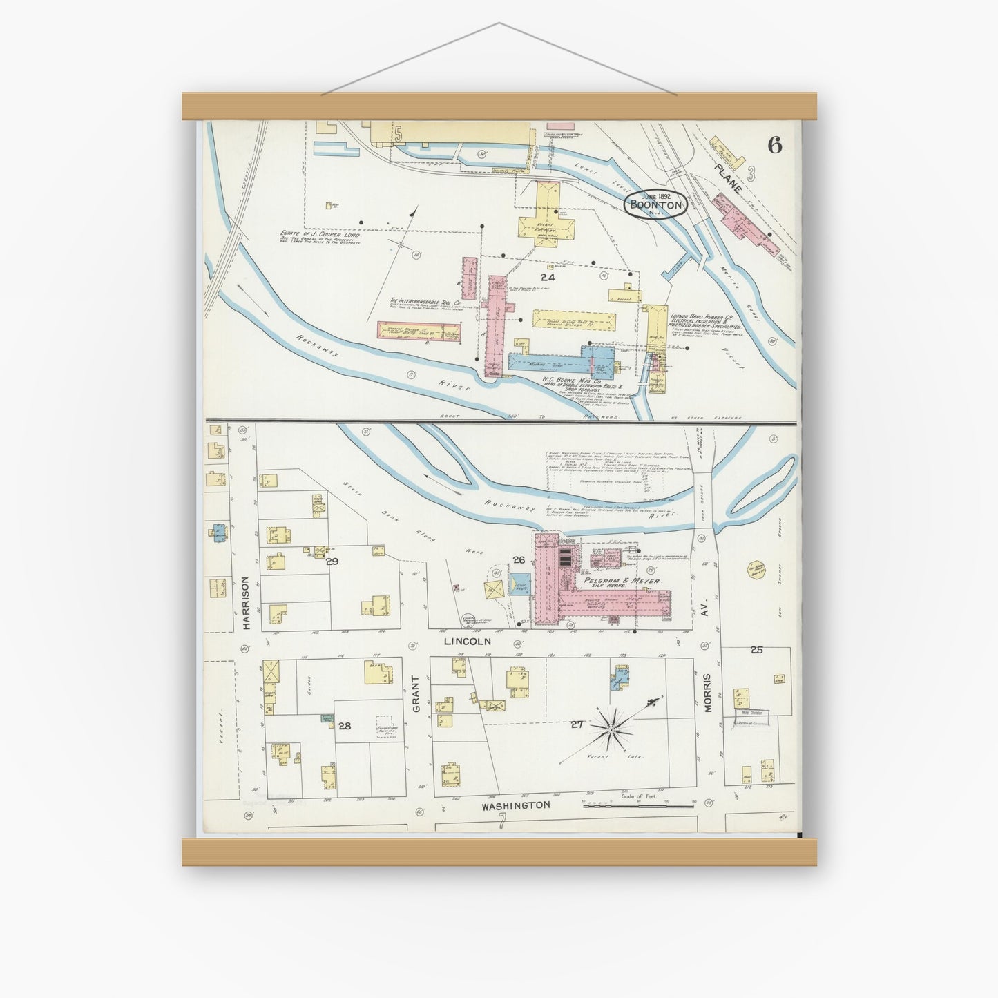 Old map wall art mockup — magnetic wood frame on white wall — Sanborn Fire Insurance Map from Boonton, Morris County, New Jersey (1892), Sheet #0006