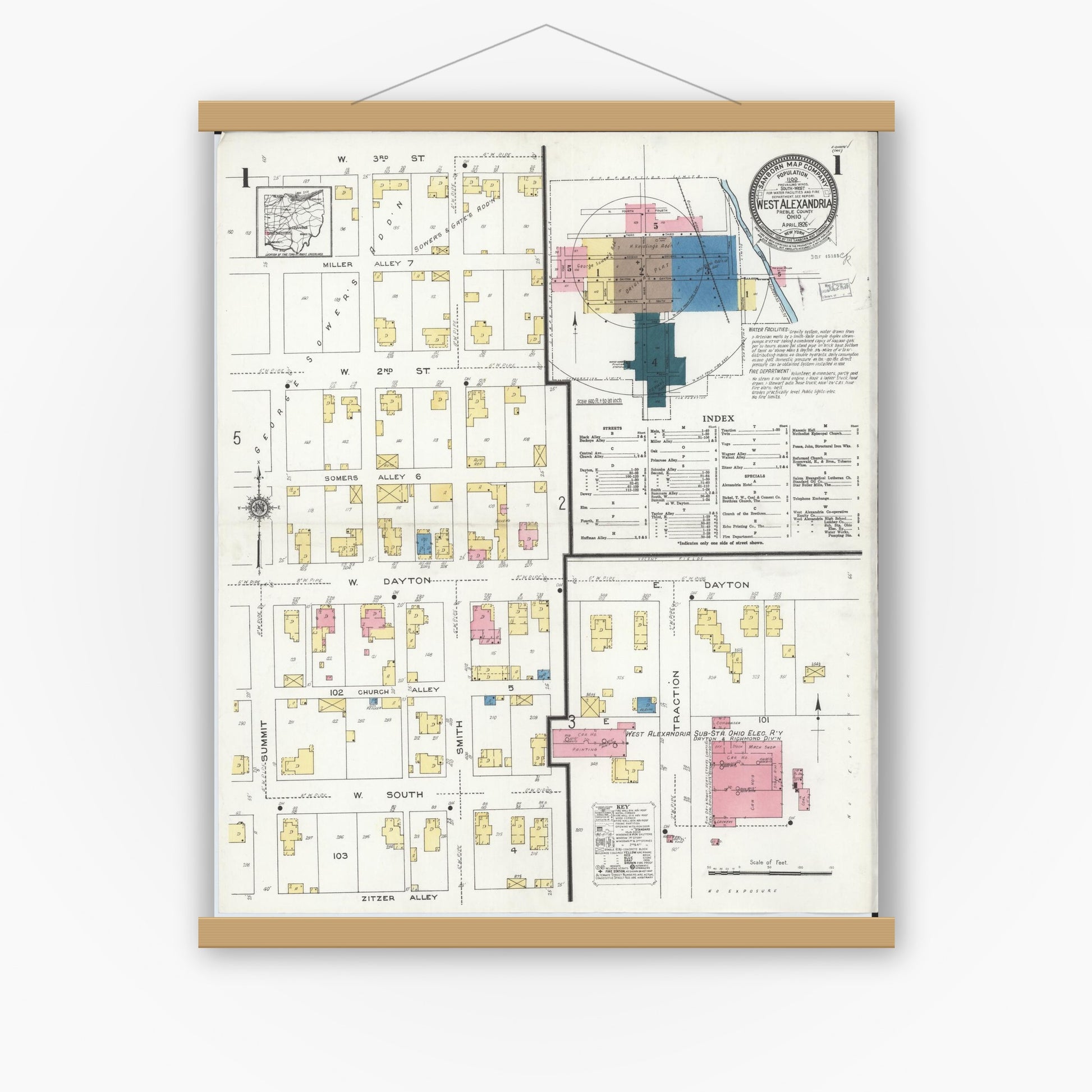 Old map wall art mockup — magnetic wood frame on white wall — Sanborn Fire Insurance Map from West Alexandria, Preble County, Ohio (1926), Sheet #0001