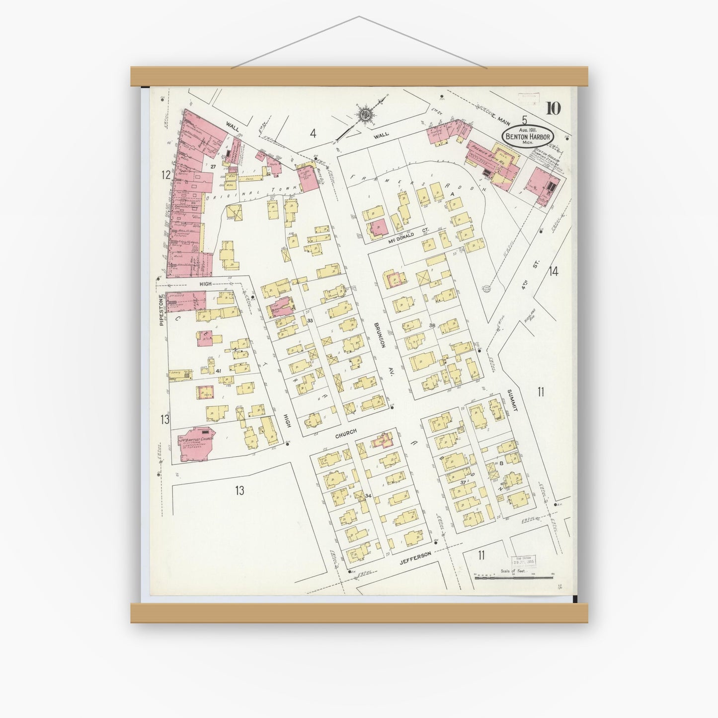 Old map wall art mockup — magnetic wood frame on white wall — Sanborn Fire Insurance Map from Benton Harbor, Berrien County, Michigan (1911), Sheet #0010