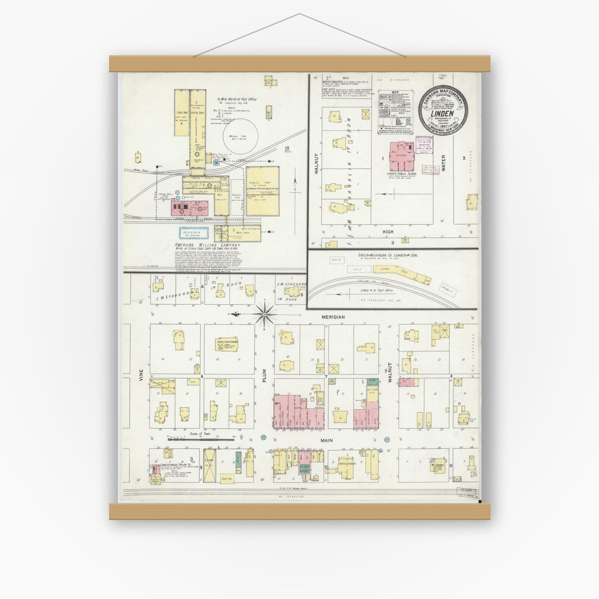 Old map wall art mockup — magnetic wood frame on white wall — Sanborn Fire Insurance Map from Linden, Montgomery County, Indiana (1907), Sheet #0001