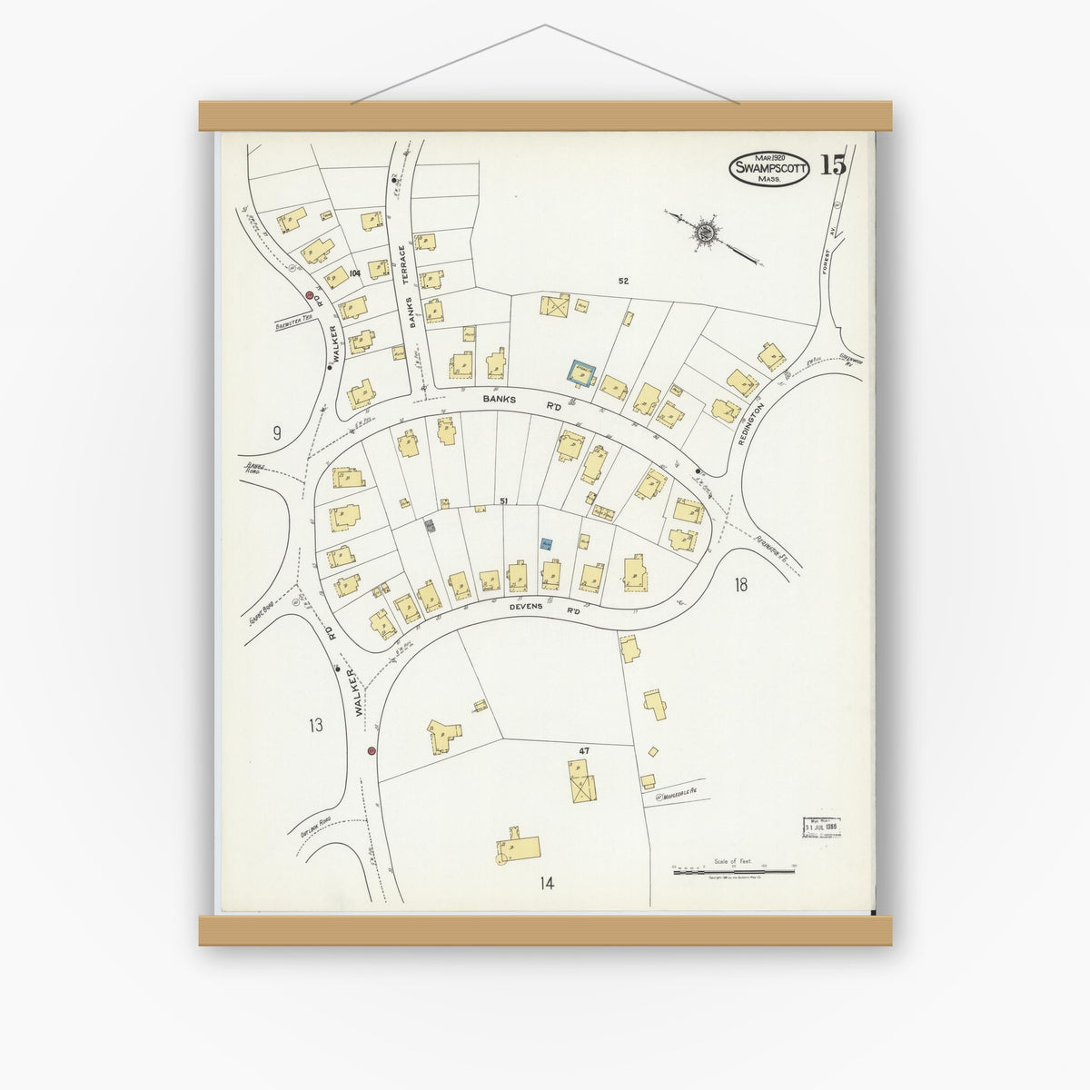Old map wall art mockup — magnetic wood frame on white wall — Sanborn Fire Insurance Map from Swampscott, Essex County, Massachusetts (1920), Sheet #0015