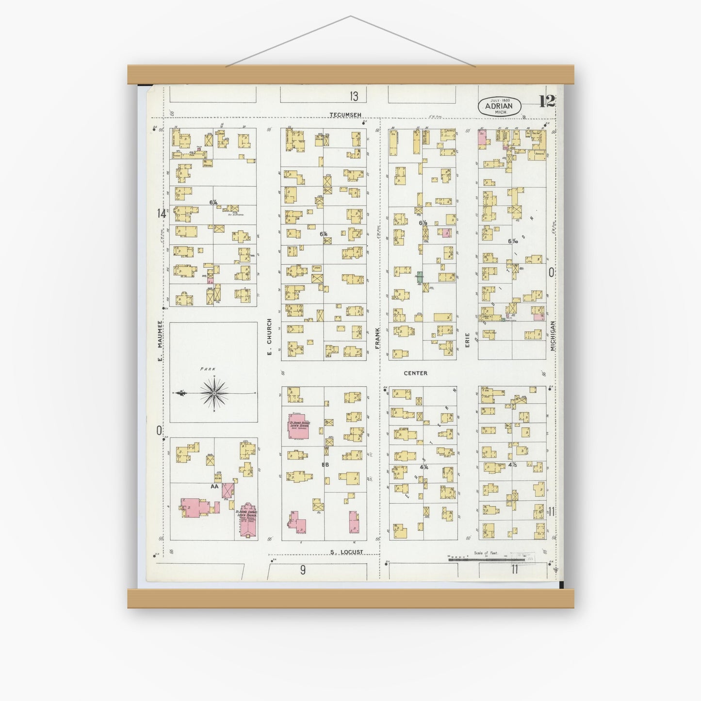 Old map wall art mockup — magnetic wood frame on white wall — Sanborn Fire Insurance Map from Adrian, Lenawee County, Michigan (1899), Sheet #0012
