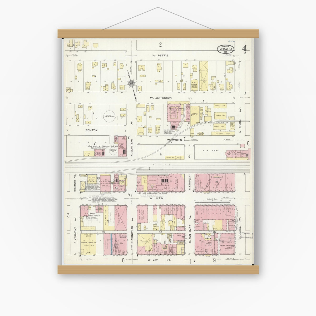 Old map wall art mockup — magnetic wood frame on white wall — Sanborn Fire Insurance Map from Sedalia, Pettis County, Missouri (1914), Sheet #0004