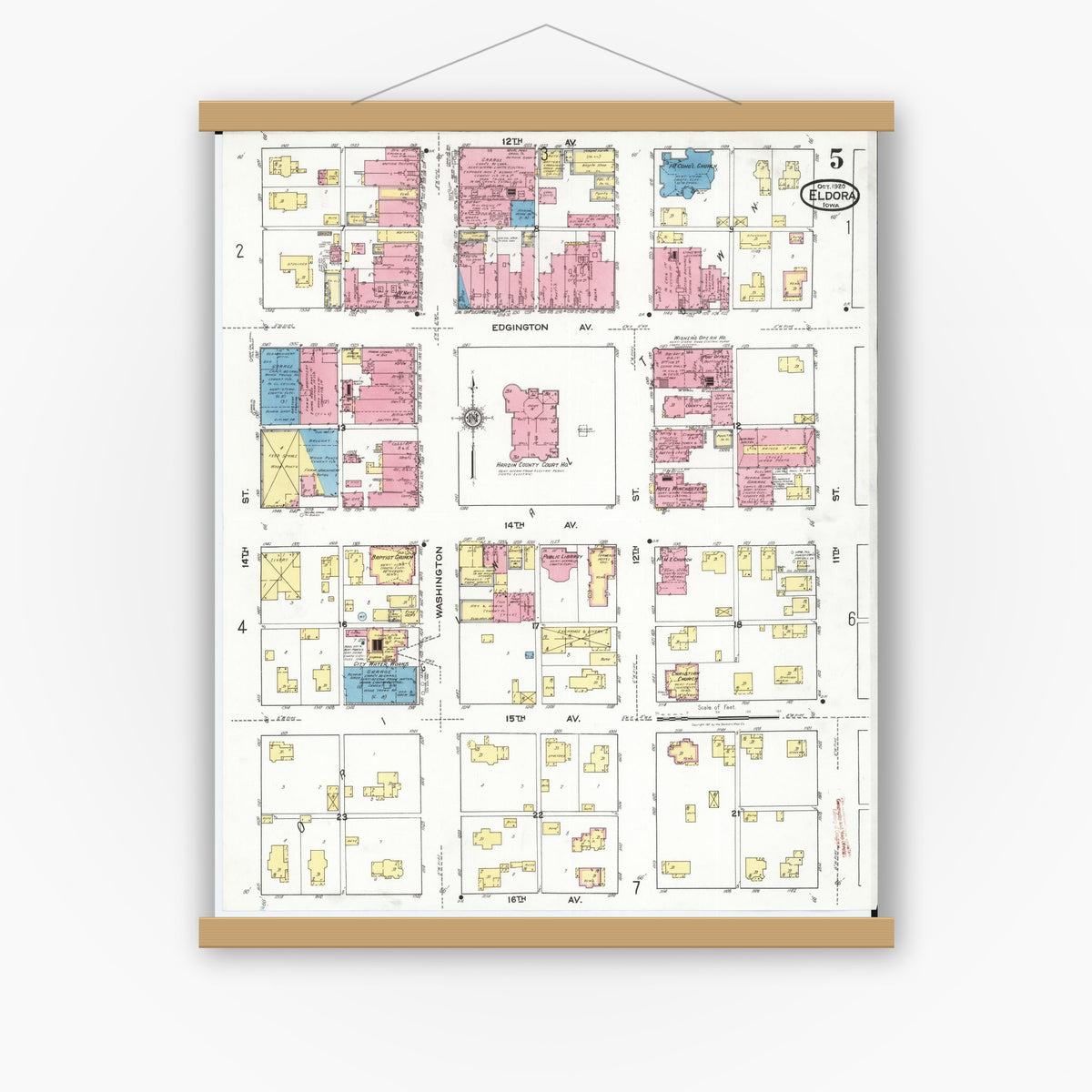 Old map wall art mockup — magnetic wood frame on white wall — Sanborn Fire Insurance Map from Eldora, Hardin County, Iowa (1920), Sheet #0005
