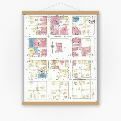 Old map wall art mockup — magnetic wood frame on white wall — Sanborn Fire Insurance Map from Eldora, Hardin County, Iowa (1920), Sheet #0005