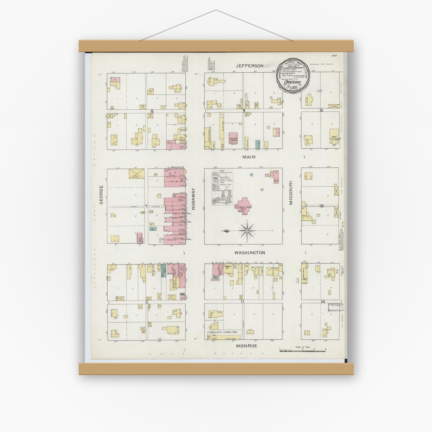 Old map wall art mockup — magnetic wood frame on white wall — Sanborn Fire Insurance Map from Oregon, Holt County, Missouri (1893), Sheet #0001