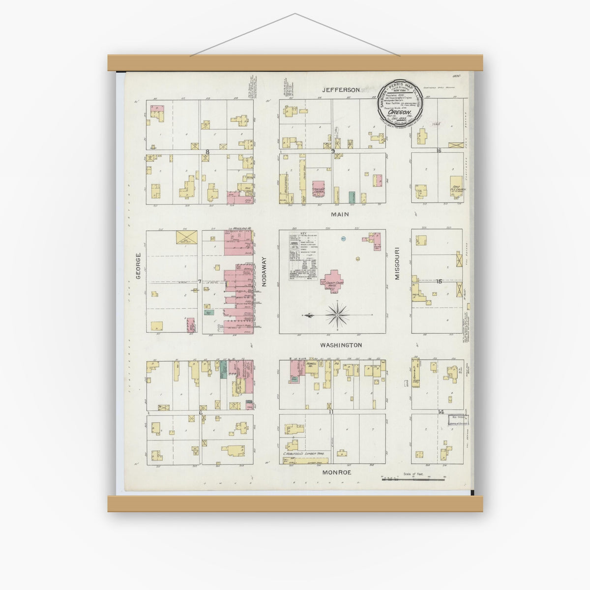 Old map wall art mockup — magnetic wood frame on white wall — Sanborn Fire Insurance Map from Oregon, Holt County, Missouri (1893), Sheet #0001