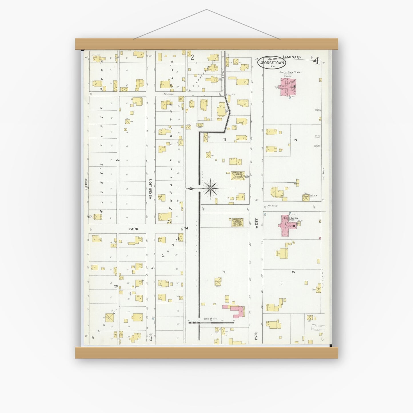 Old map wall art mockup — magnetic wood frame on white wall — Sanborn Fire Insurance Map from Georgetown, Vermilion County, Illinois (1909), Sheet #0004