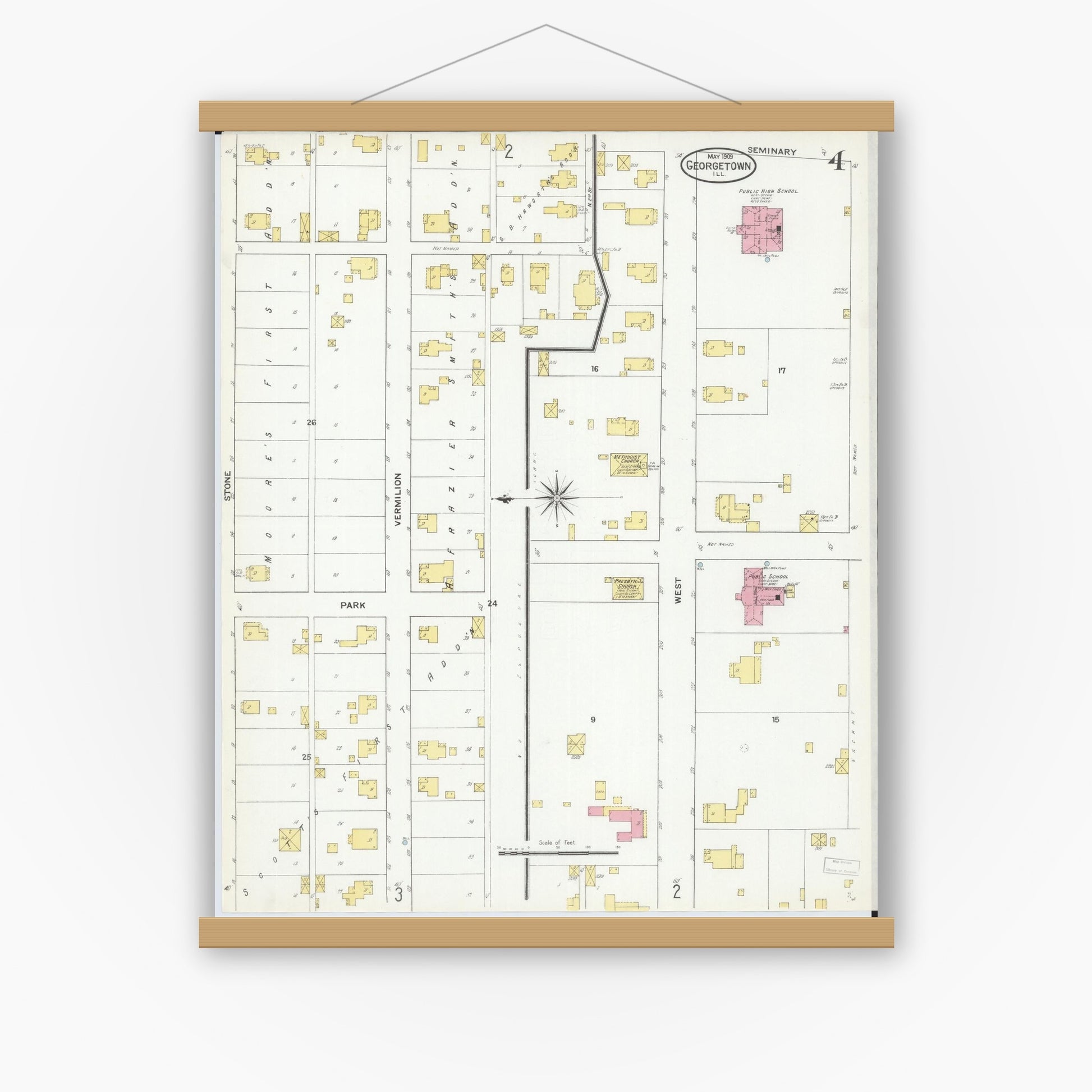 Old map wall art mockup — magnetic wood frame on white wall — Sanborn Fire Insurance Map from Georgetown, Vermilion County, Illinois (1909), Sheet #0004